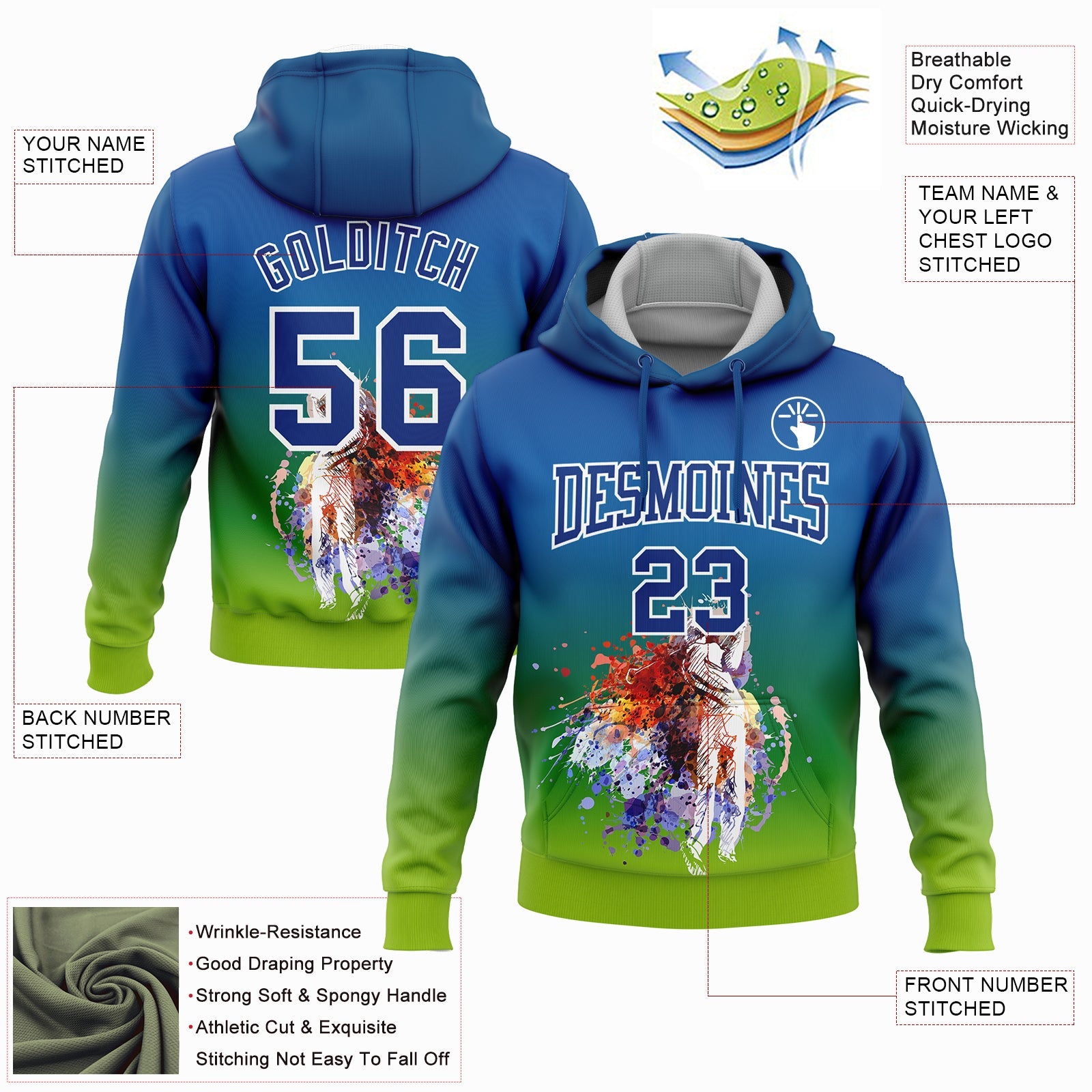 Custom Stitched Royal Neon Green-White 3D Golfing Golf Ball Sports Pullover Sweatshirt Hoodie view 2