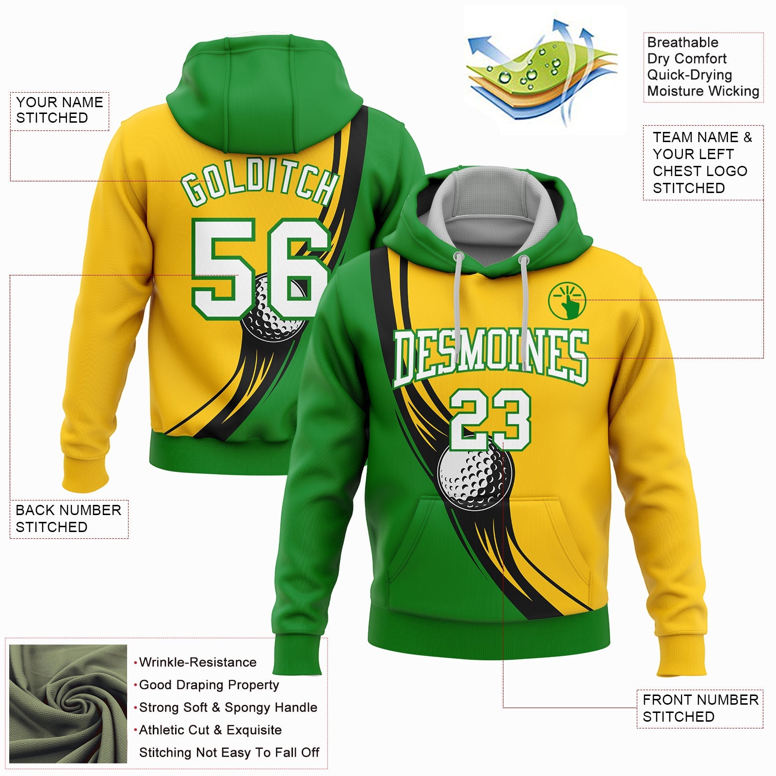 Custom Stitched Yellow White-Grass Green 3D Golf Ball Sports Pullover Sweatshirt Hoodie view 2