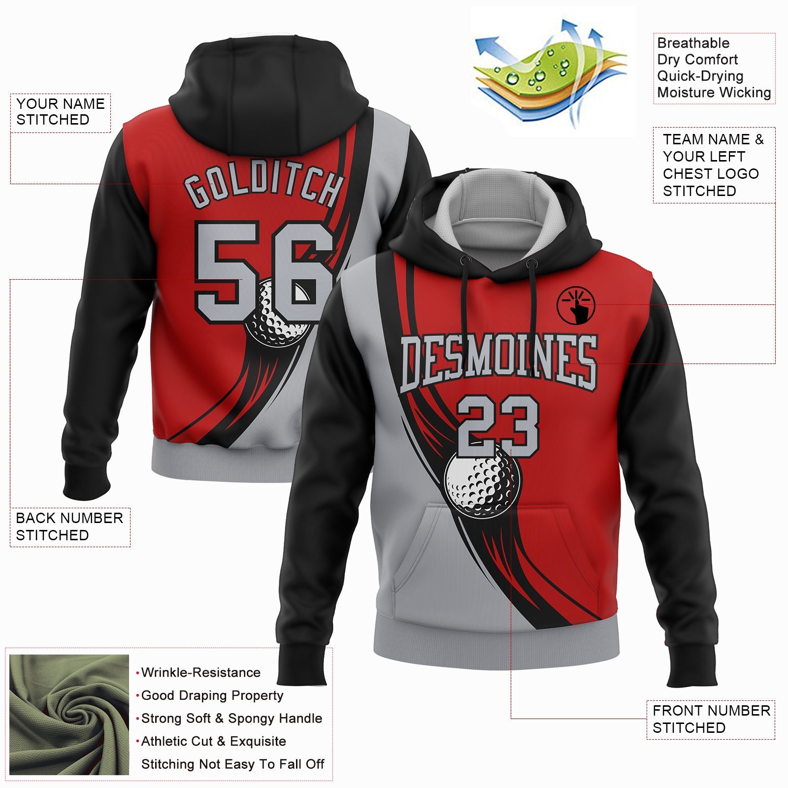Custom Stitched Red Gray-Black 3D Golf Ball Sports Pullover Sweatshirt Hoodie view 2