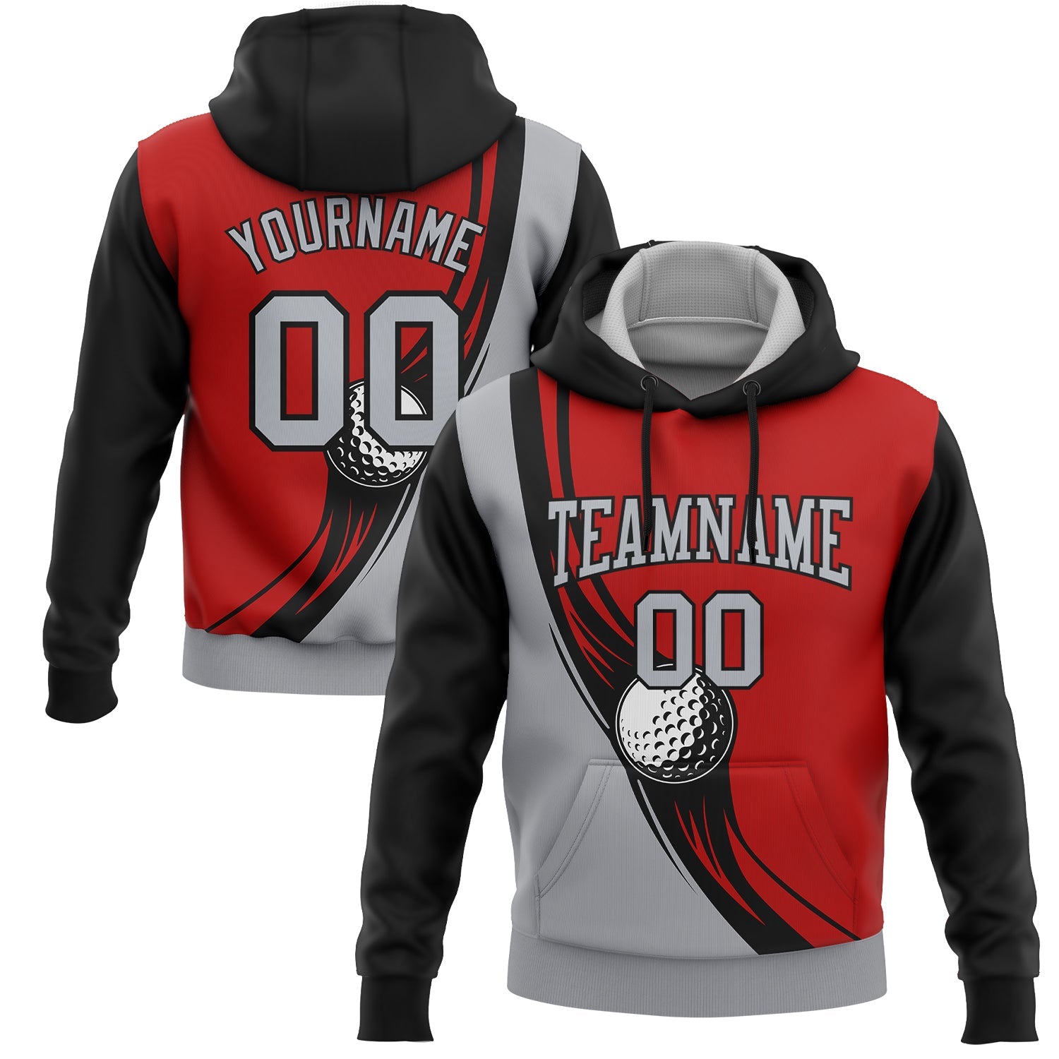 Custom Stitched Red Gray-Black 3D Golf Ball Sports Pullover Sweatshirt Hoodie - Main View