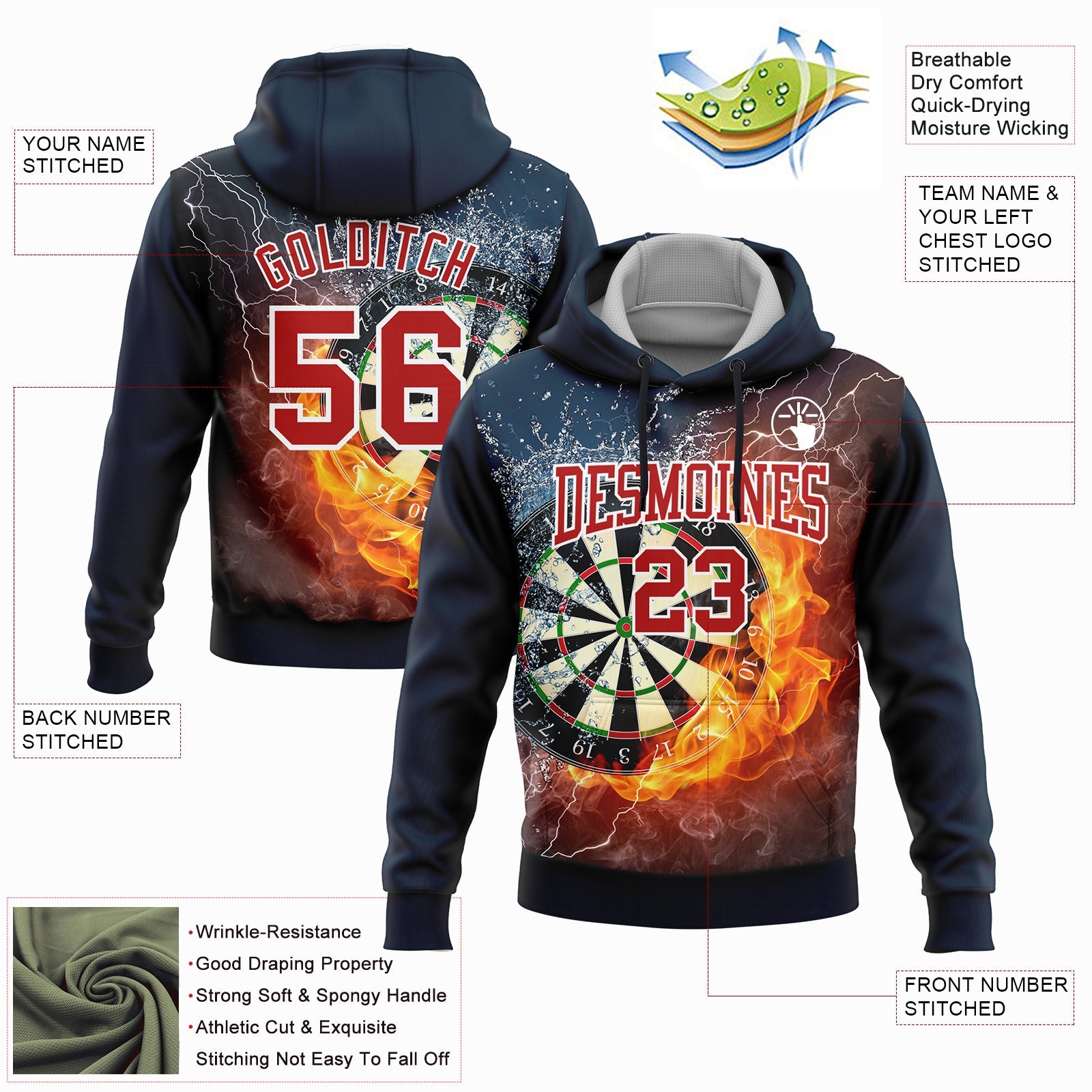Custom Stitched Navy Red-White 3D Flame Dart Board Sports Pullover Sweatshirt Hoodie view 2