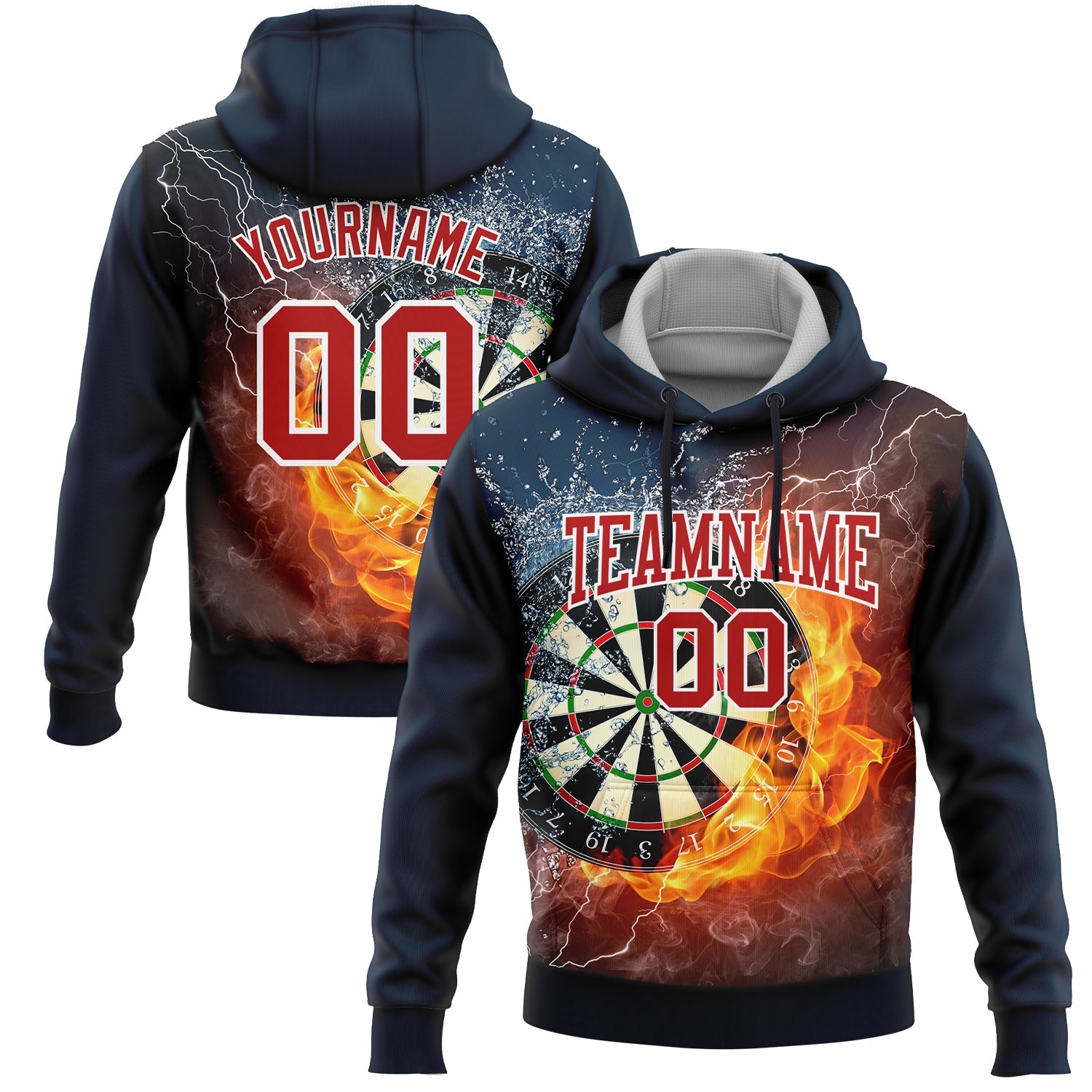 Custom Stitched Navy Red-White 3D Flame Dart Board Sports Pullover Sweatshirt Hoodie - Main View