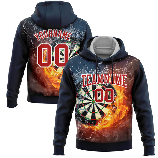 Custom Stitched Navy Red-White 3D Flame Dart Board Sports Pullover Sweatshirt Hoodie - Main View
