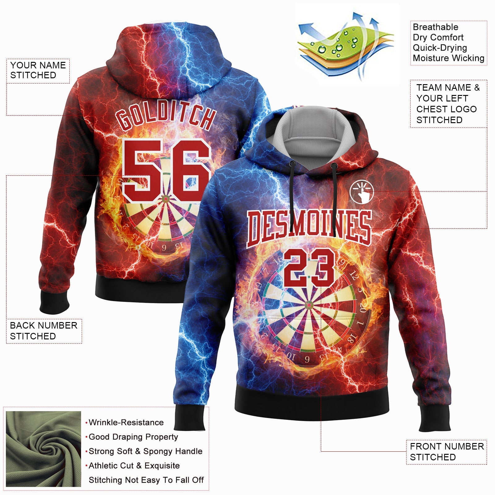 Custom Stitched Black Red-White 3D Lightning Flame Dart Board Sports Pullover Sweatshirt Hoodie view 2