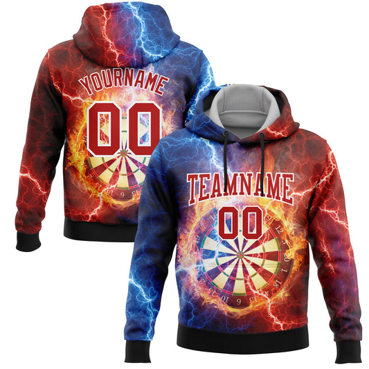 Custom Stitched Black Red-White 3D Lightning Flame Dart Board Sports Pullover Sweatshirt Hoodie - Main View