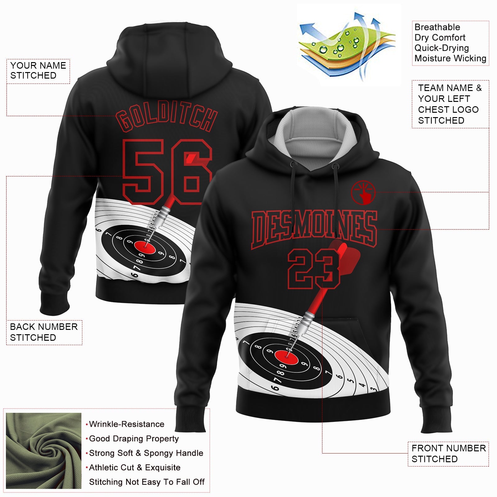 Custom Stitched Black Red 3D Dart Board Target Sports Pullover Sweatshirt Hoodie view 2
