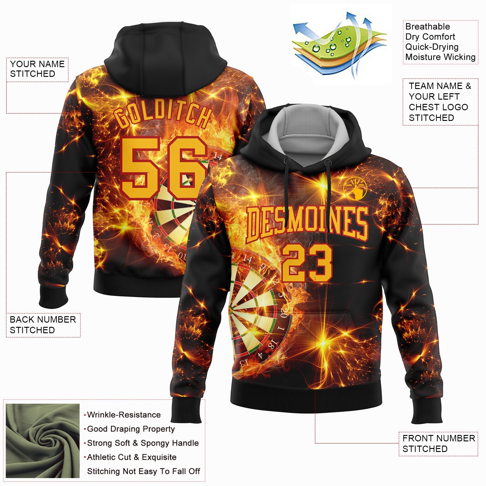 Custom Stitched Black Gold-Red 3D Flame Dart Board Sports Pullover Sweatshirt Hoodie view 2