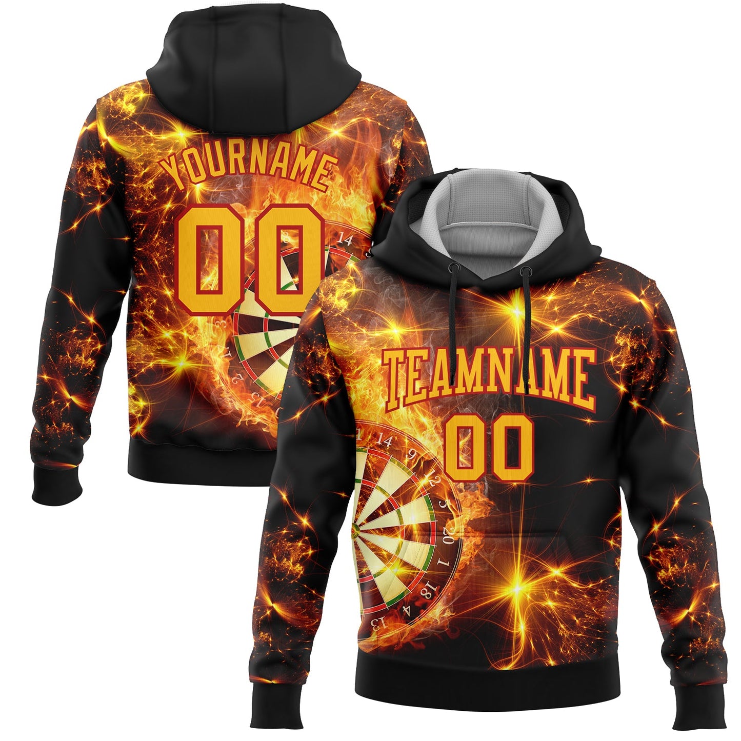 Custom Stitched Black Gold-Red 3D Flame Dart Board Sports Pullover Sweatshirt Hoodie - Main View