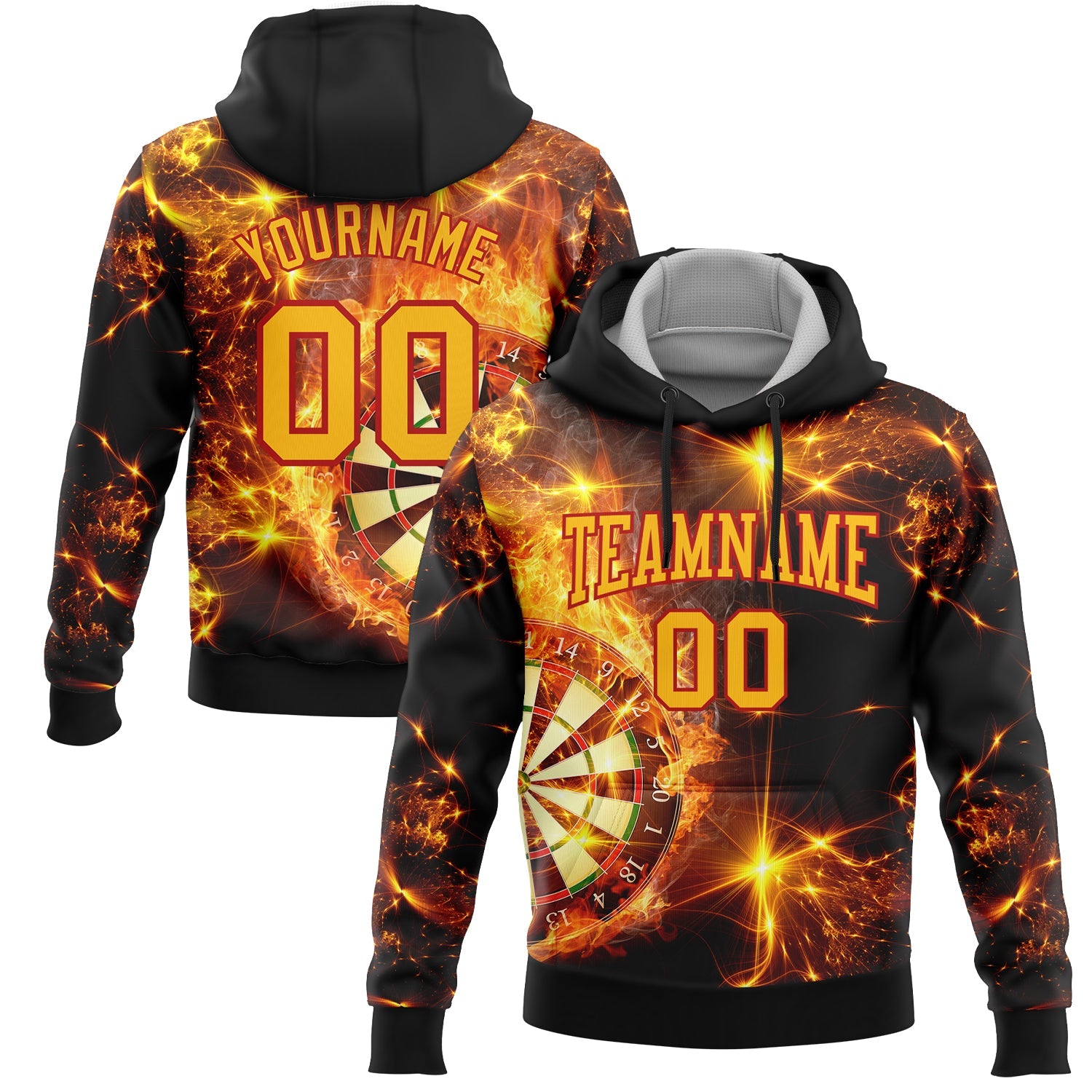 Custom Stitched Black Gold-Red 3D Flame Dart Board Sports Pullover Sweatshirt Hoodie - Main View