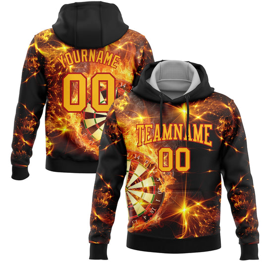 Custom Stitched Black Gold-Red 3D Flame Dart Board Sports Pullover Sweatshirt Hoodie - Main View