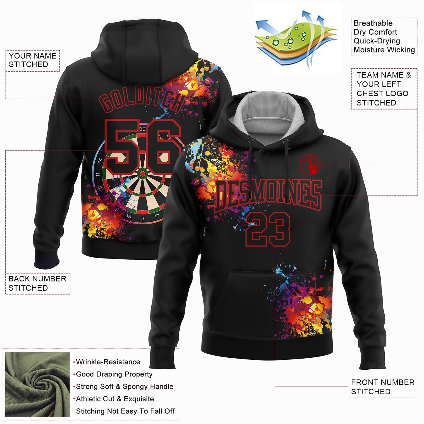 Custom Stitched Black Red 3D Dart Board Sports Pullover Sweatshirt Hoodie view 2