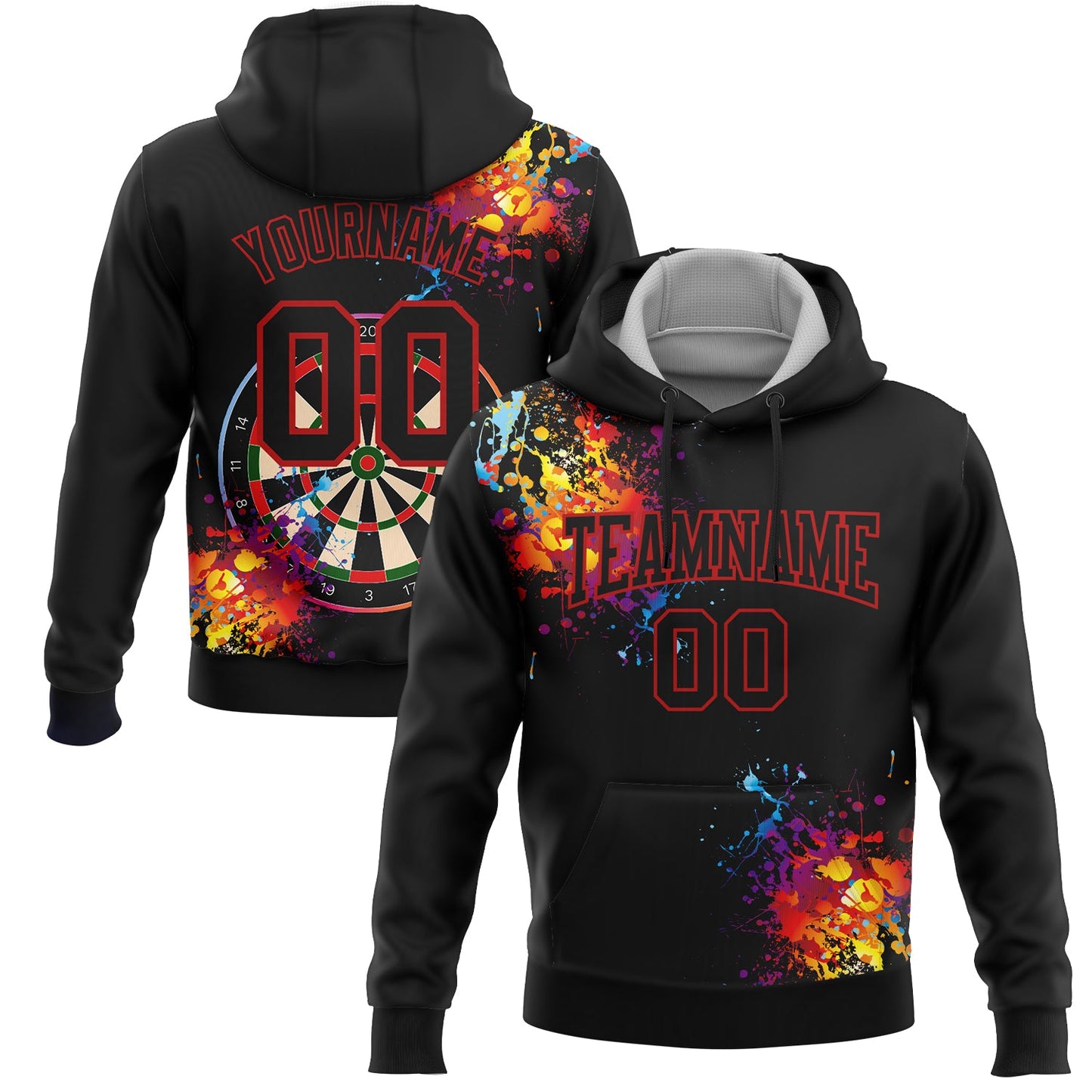 Custom Stitched Black Red 3D Dart Board Sports Pullover Sweatshirt Hoodie - Main View