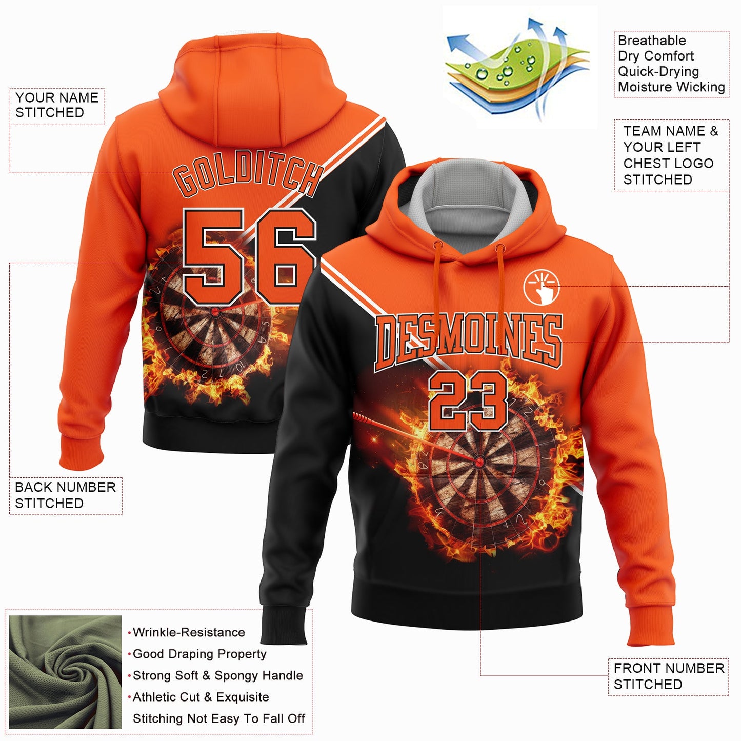 Custom Stitched Orange Black-White 3D Flame Dart Board Sports Pullover Sweatshirt Hoodie view 2