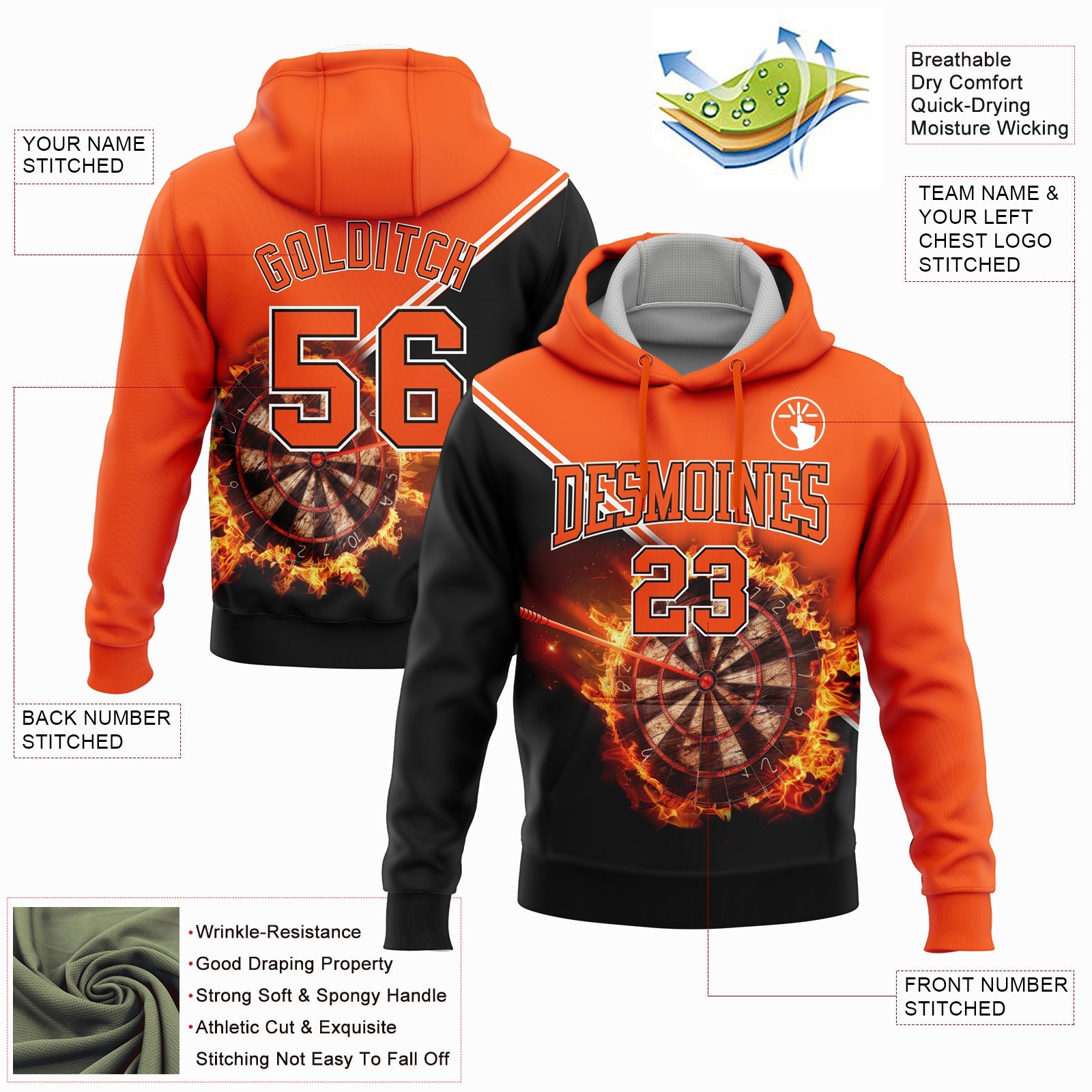 Custom Stitched Orange Black-White 3D Flame Dart Board Sports Pullover Sweatshirt Hoodie view 2