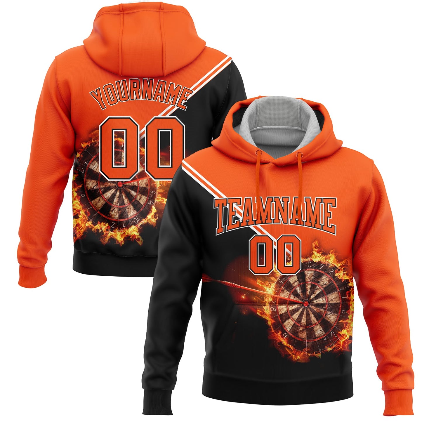 Custom Stitched Orange Black-White 3D Flame Dart Board Sports Pullover Sweatshirt Hoodie - Main View