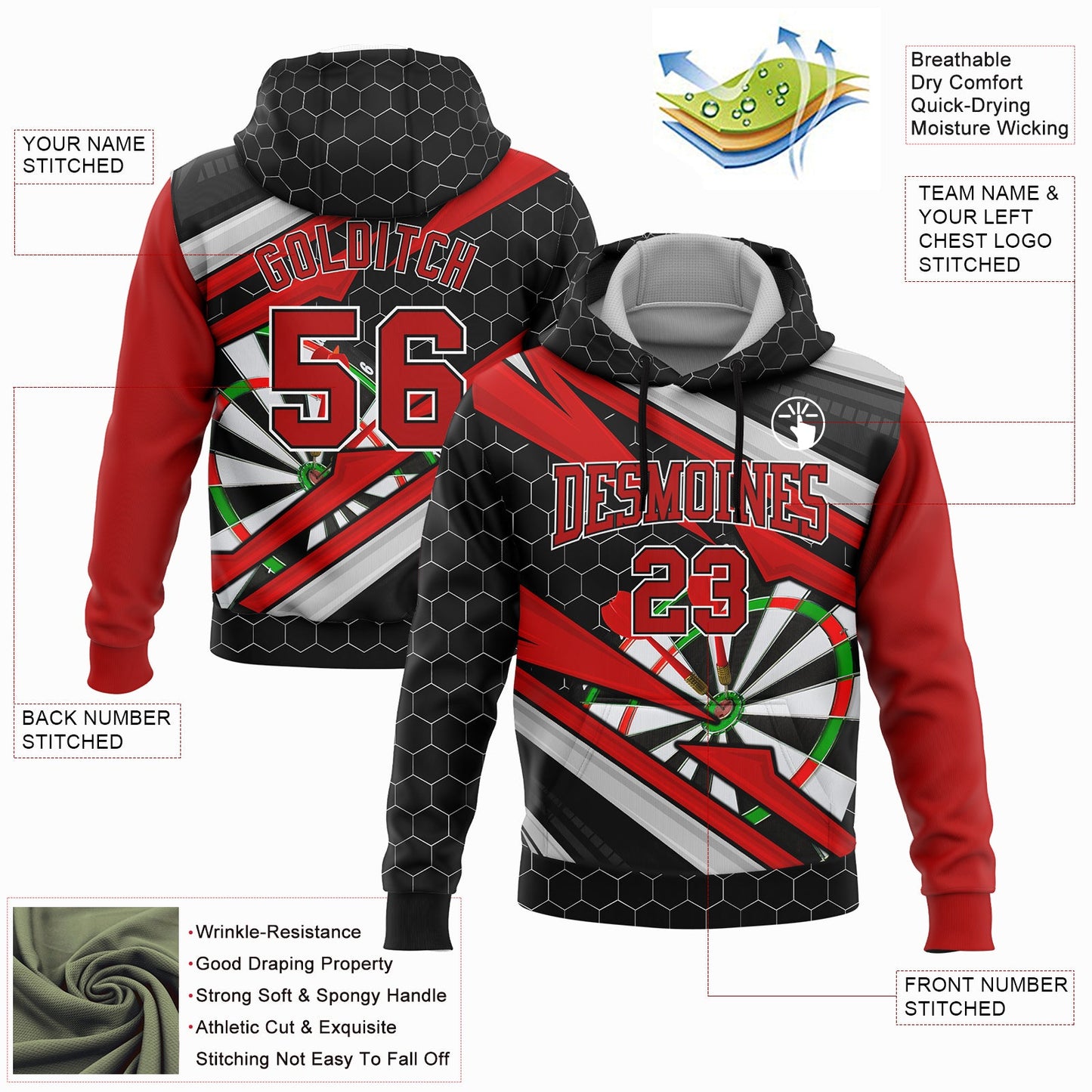 Custom Stitched Black Red-White 3D Dart Board Sports Pullover Sweatshirt Hoodie view 2
