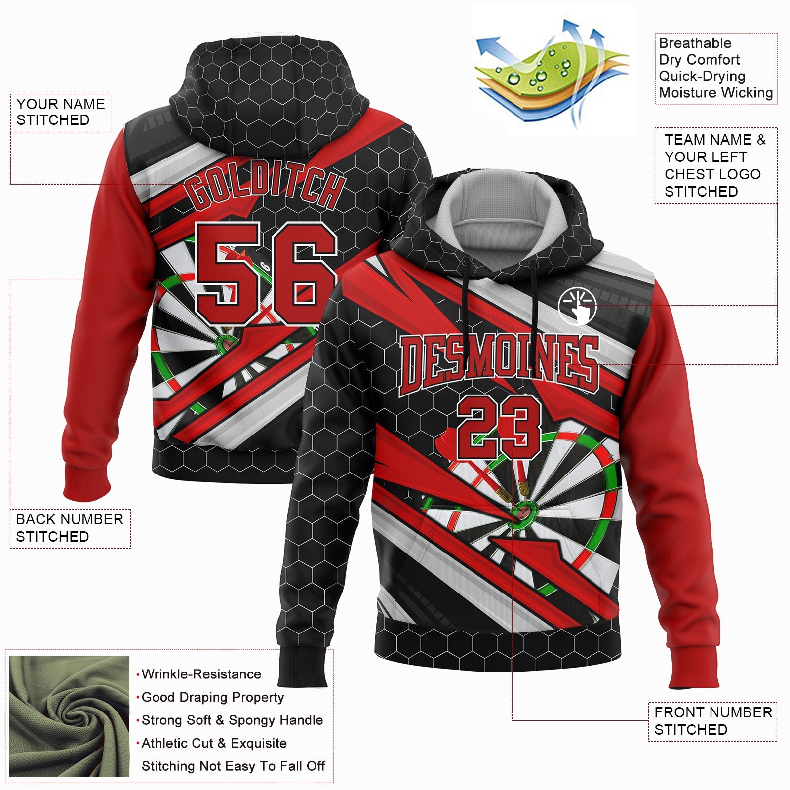 Custom Stitched Black Red-White 3D Dart Board Sports Pullover Sweatshirt Hoodie view 2