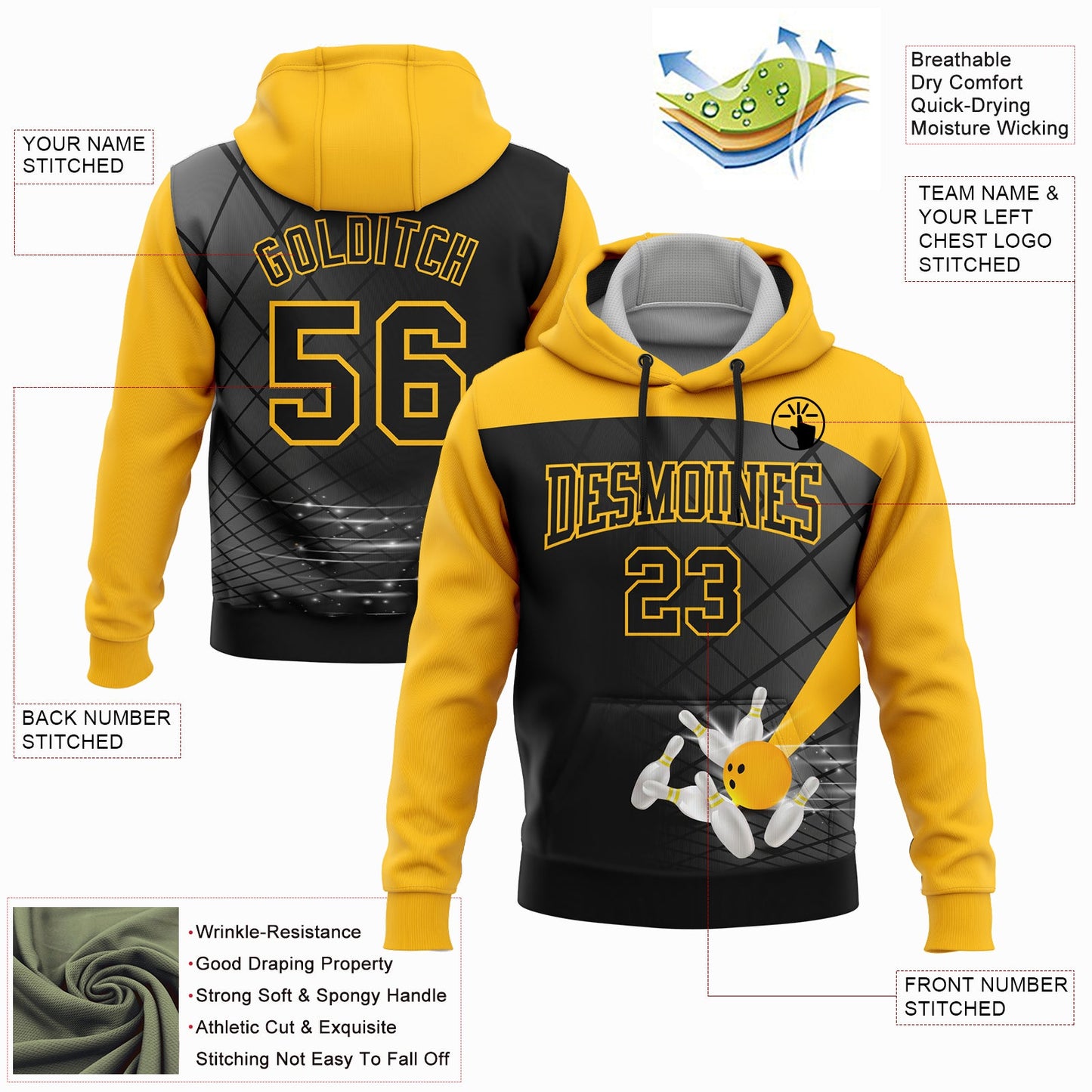Custom Black Gold 3D Bowling Sports Pullover Sweatshirt Hoodie view 2
