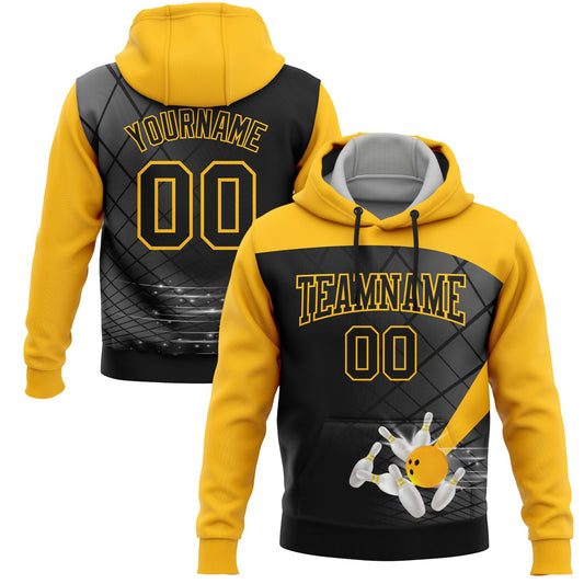 Custom Black Gold 3D Bowling Sports Pullover Sweatshirt Hoodie - Main View