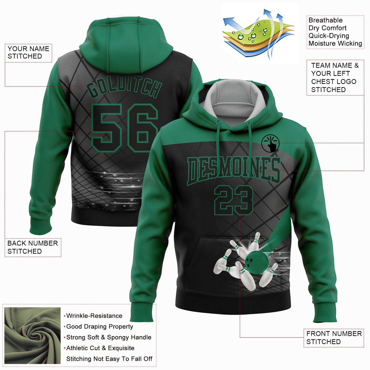Custom Black Kelly Green 3D Bowling Sports Pullover Sweatshirt Hoodie view 2