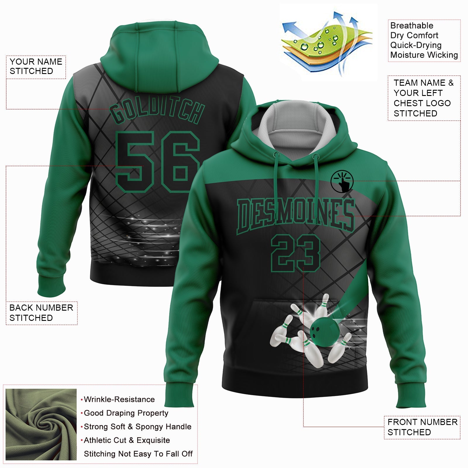 Custom Black Kelly Green 3D Bowling Sports Pullover Sweatshirt Hoodie view 2