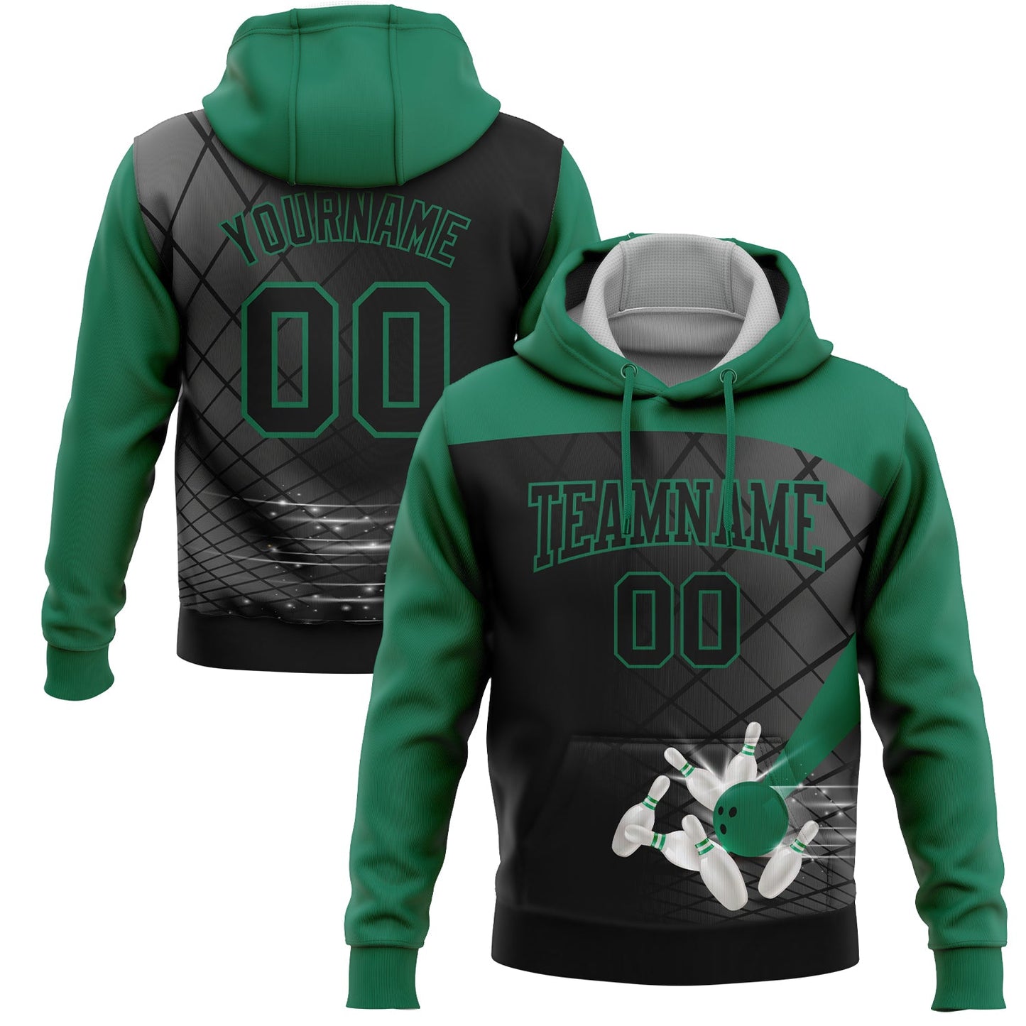 Custom Black Kelly Green 3D Bowling Sports Pullover Sweatshirt Hoodie - Main View