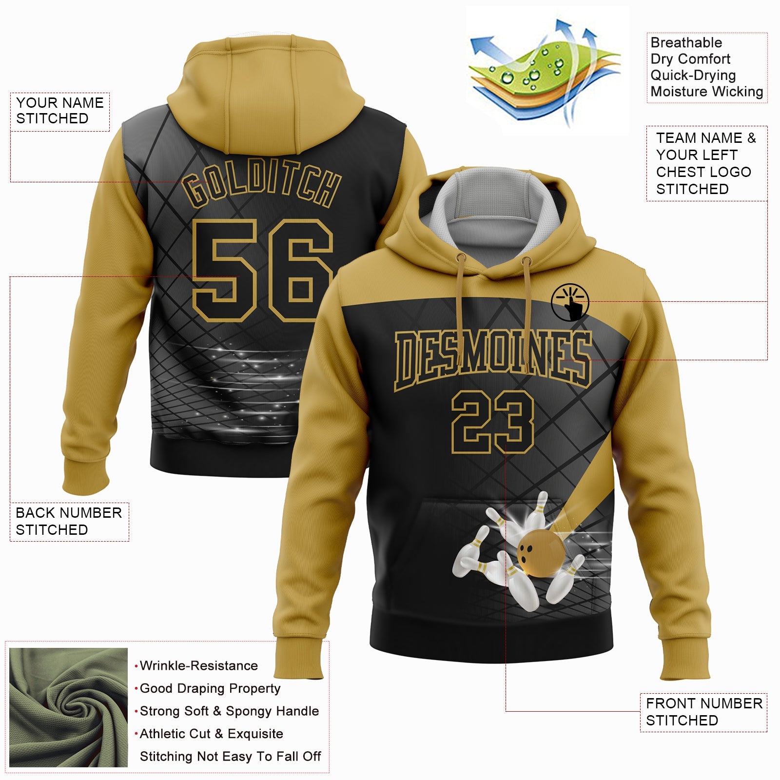 Custom Black Old Gold 3D Bowling Sports Pullover Sweatshirt Hoodie view 2