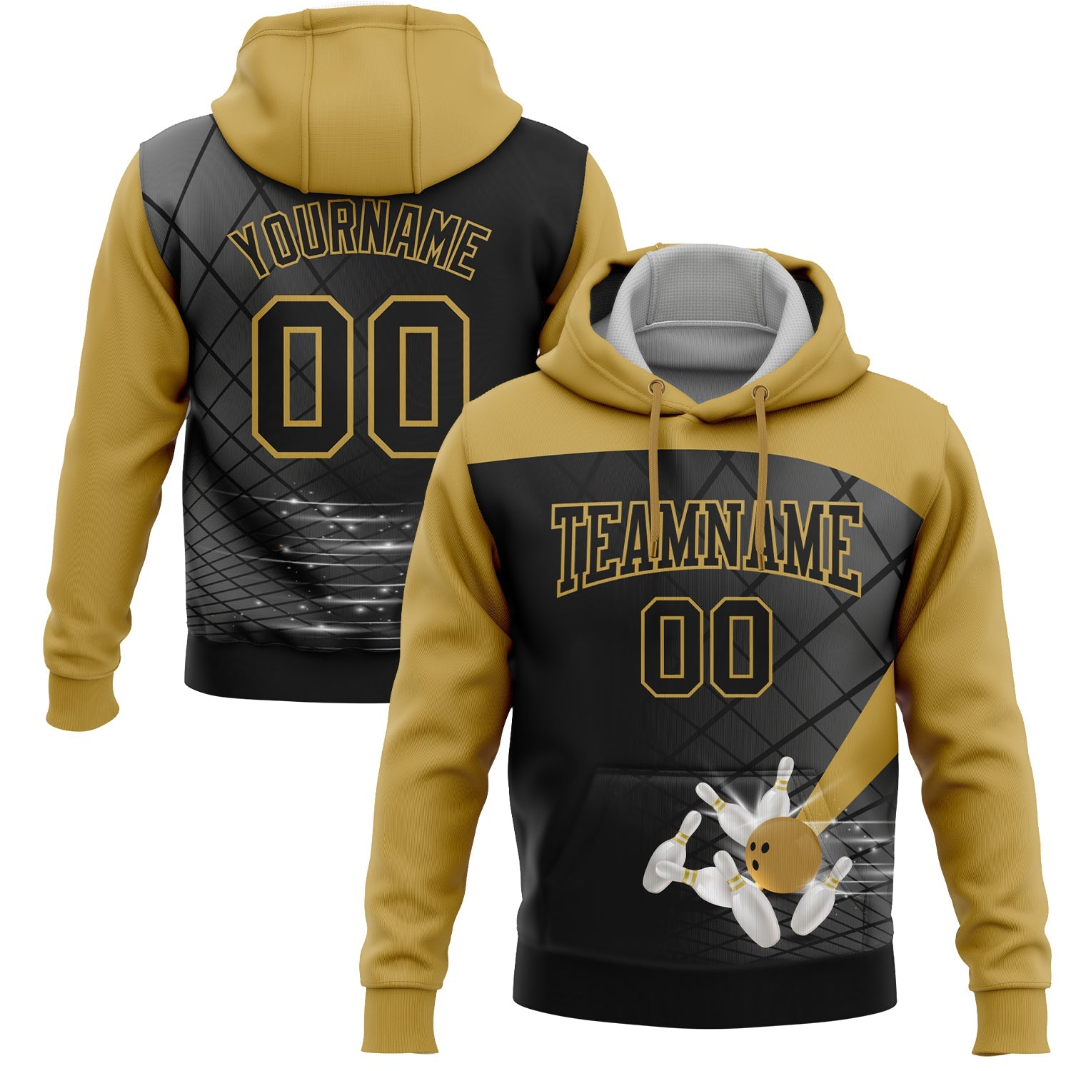 Custom Black Old Gold 3D Bowling Sports Pullover Sweatshirt Hoodie - Main View