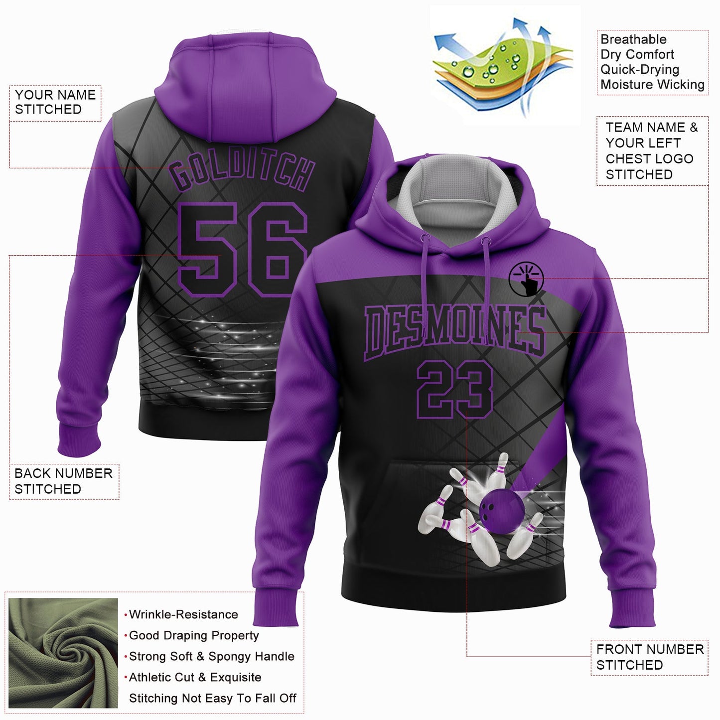Custom Black Purple 3D Bowling Sports Pullover Sweatshirt Hoodie view 2