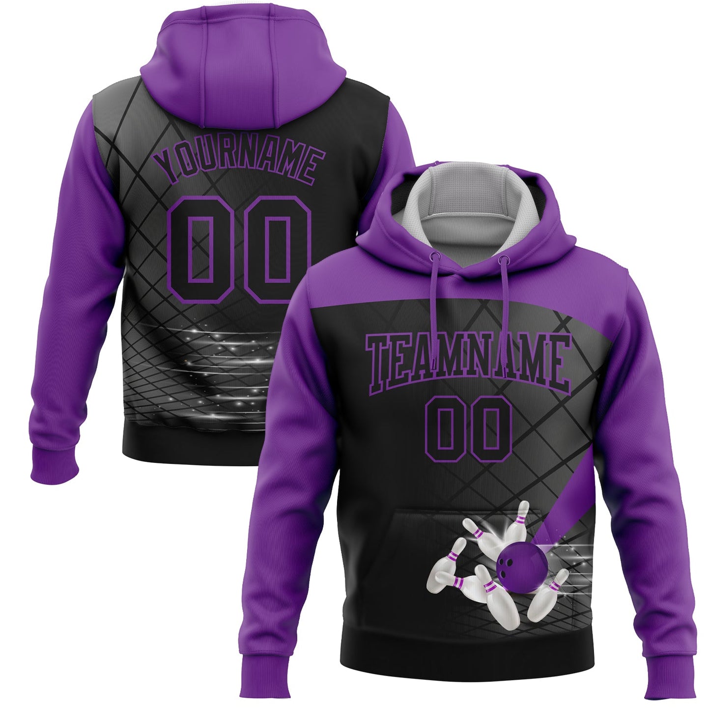 Custom Black Purple 3D Bowling Sports Pullover Sweatshirt Hoodie - Main View