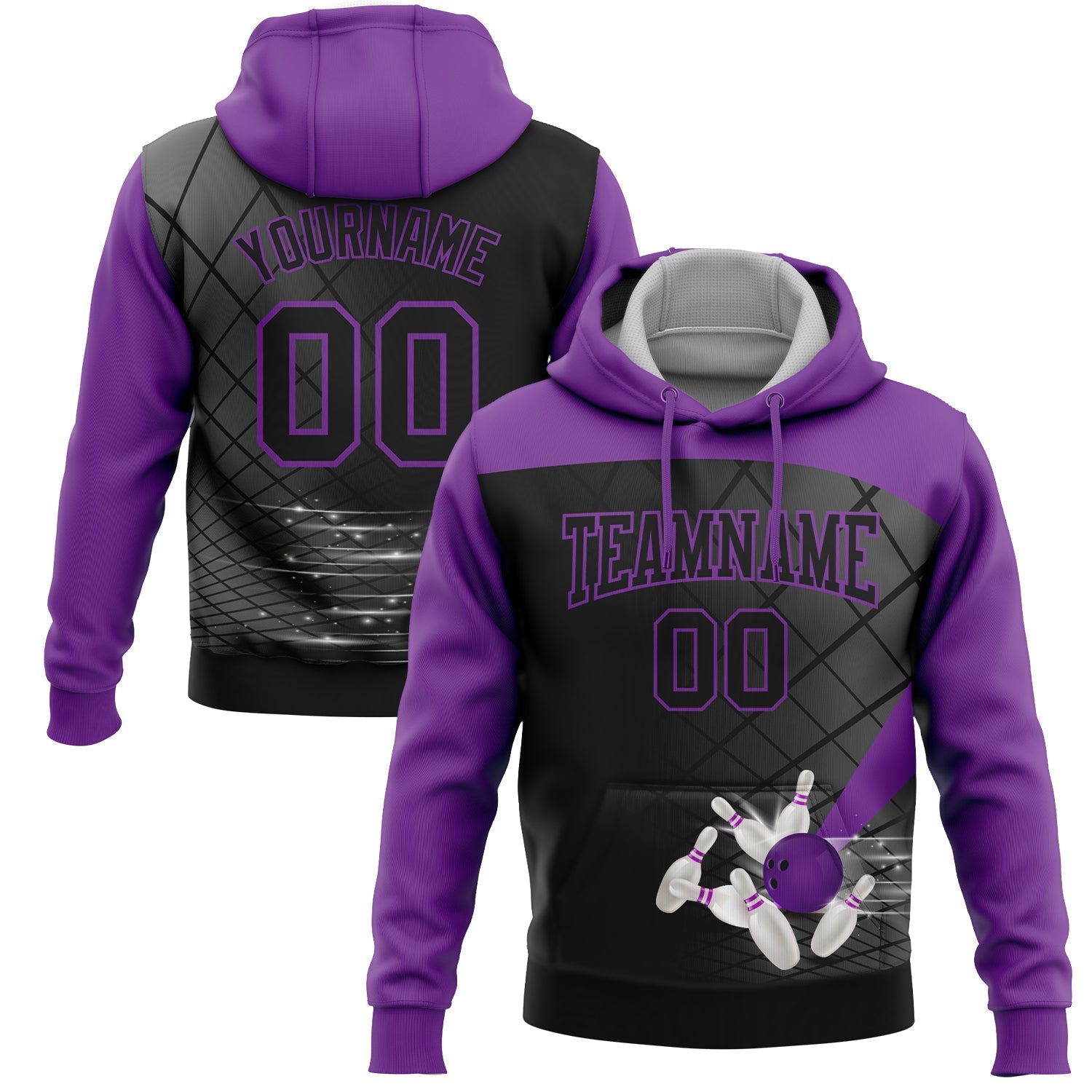 Custom Black Purple 3D Bowling Sports Pullover Sweatshirt Hoodie - Main View