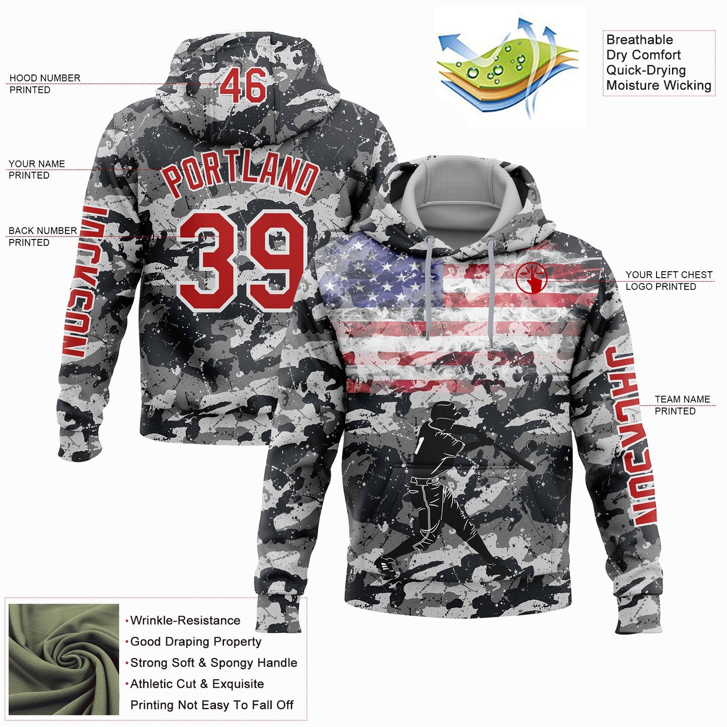 Custom Camo Red-White 3D USA Flag Sports Pullover Sweatshirt Salute To Service Hoodie view 2