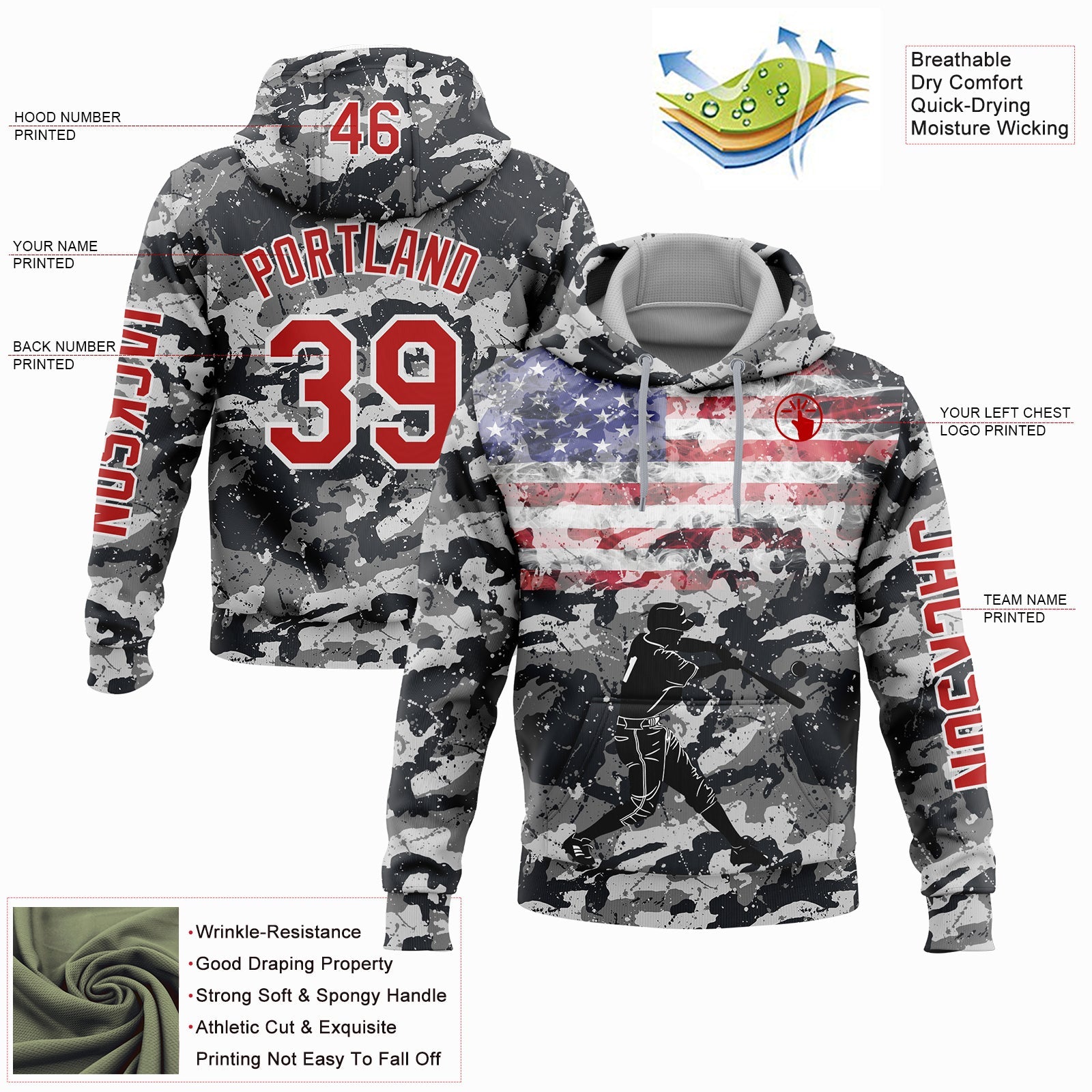 Custom Camo Red-White 3D USA Flag Sports Pullover Sweatshirt Salute To Service Hoodie view 2
