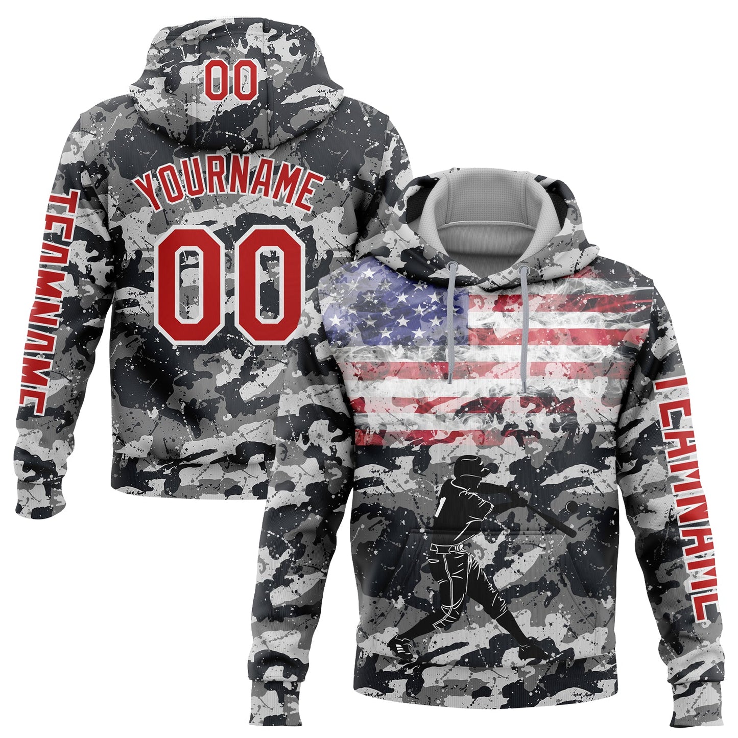 Custom Camo Red-White 3D USA Flag Sports Pullover Sweatshirt Salute To Service Hoodie - Main View