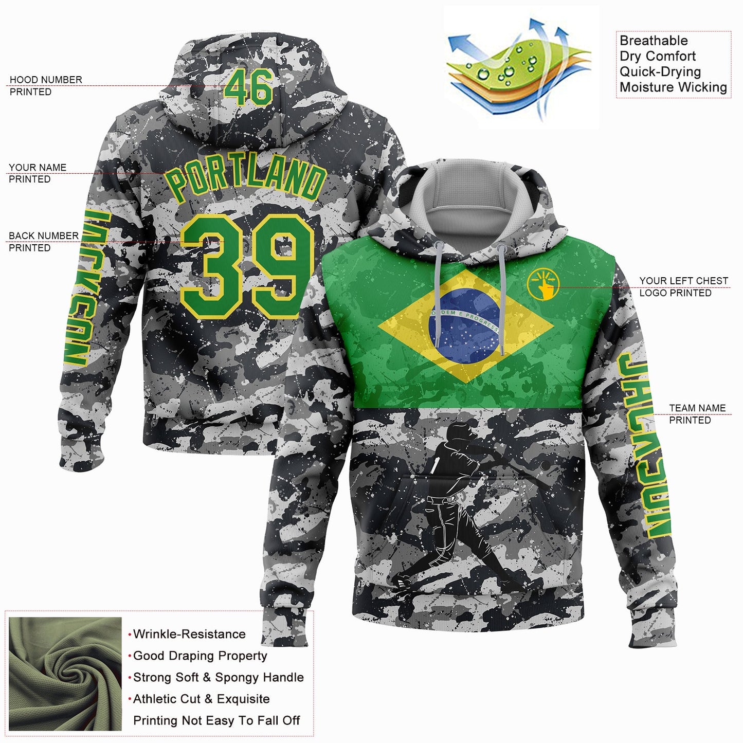 Custom Camo Grass Green-Yellow 3D Brasil Brazilian Flag Sports Pullover Sweatshirt Salute To Service Hoodie view 2
