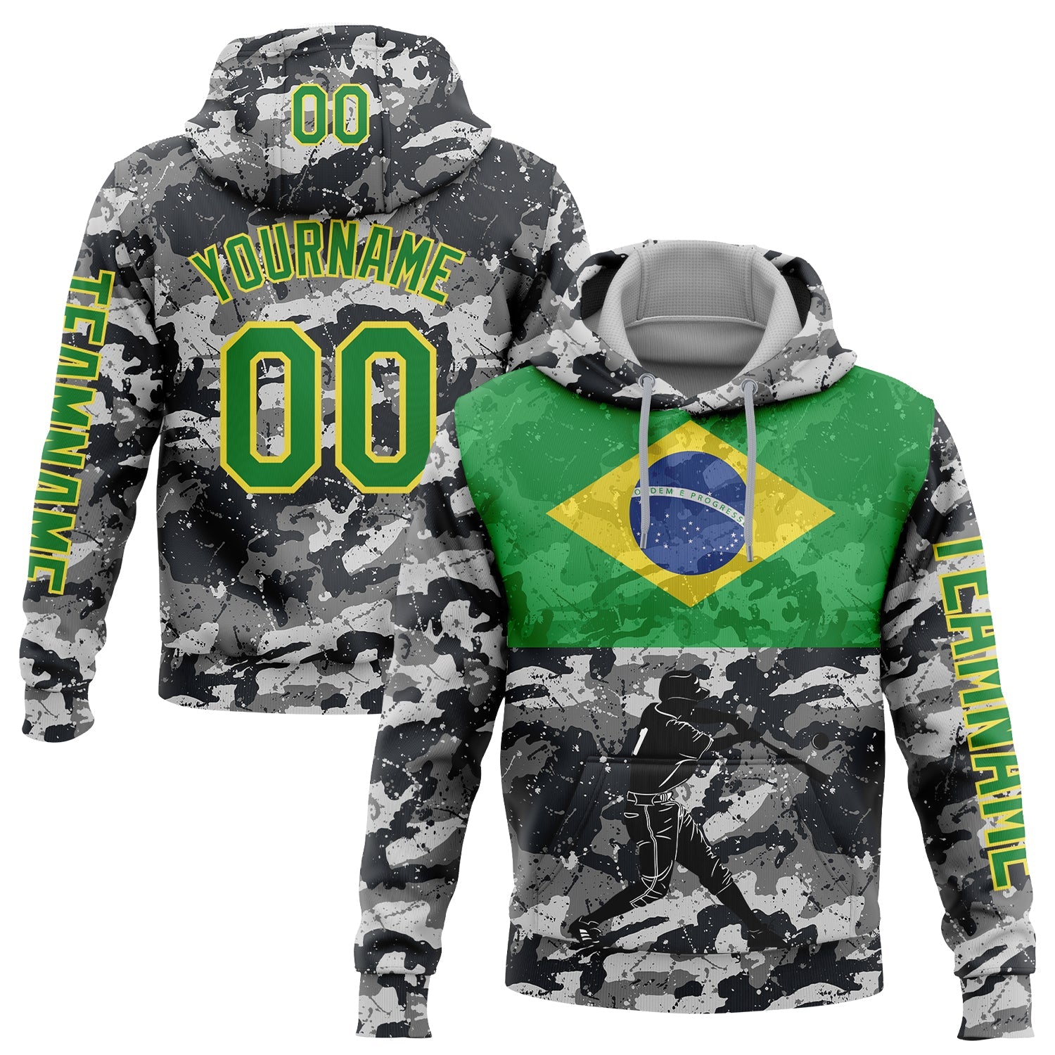 Custom Camo Grass Green-Yellow 3D Brasil Brazilian Flag Sports Pullover Sweatshirt Salute To Service Hoodie - Main View