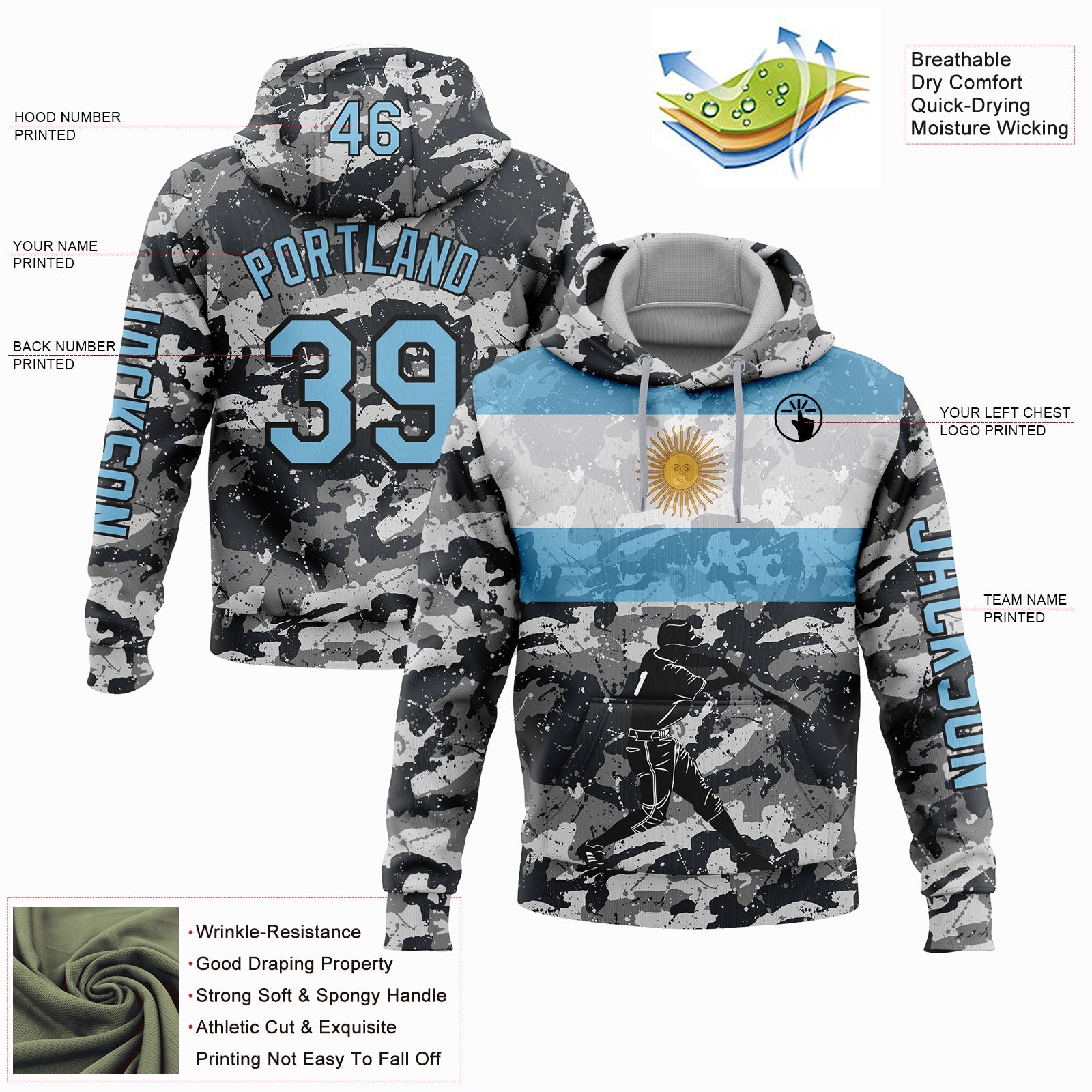 Custom Camo Light Blue-Black 3D Argentina Argentinian Flag Sports Pullover Sweatshirt Salute To Service Hoodie view 2