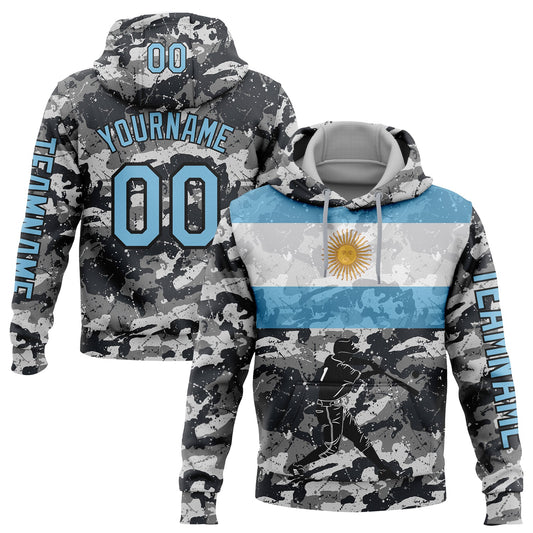Custom Camo Light Blue-Black 3D Argentina Argentinian Flag Sports Pullover Sweatshirt Salute To Service Hoodie - Main View