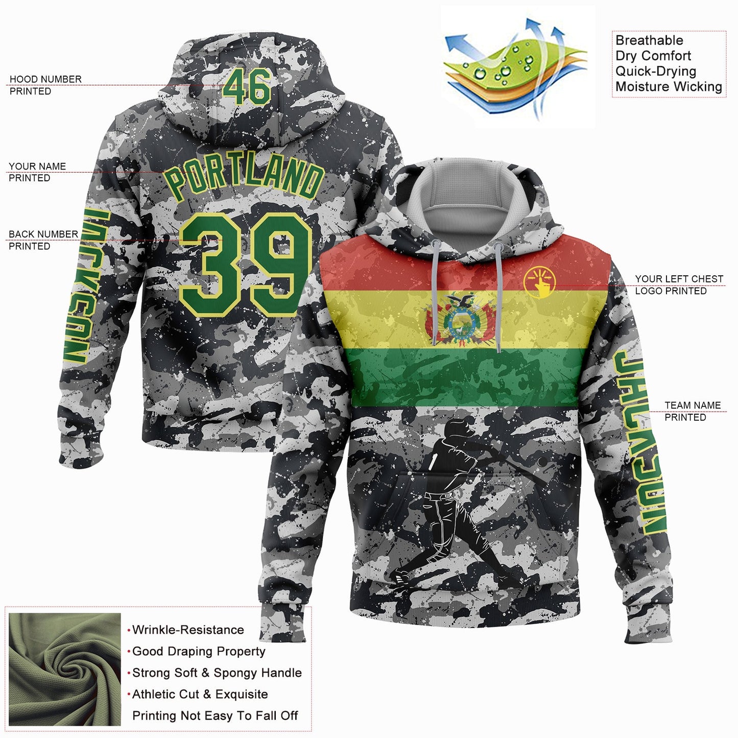 Custom Camo Grass Green-Light Yellow 3D Bolivia Bolivian Flag Sports Pullover Sweatshirt Salute To Service Hoodie view 2
