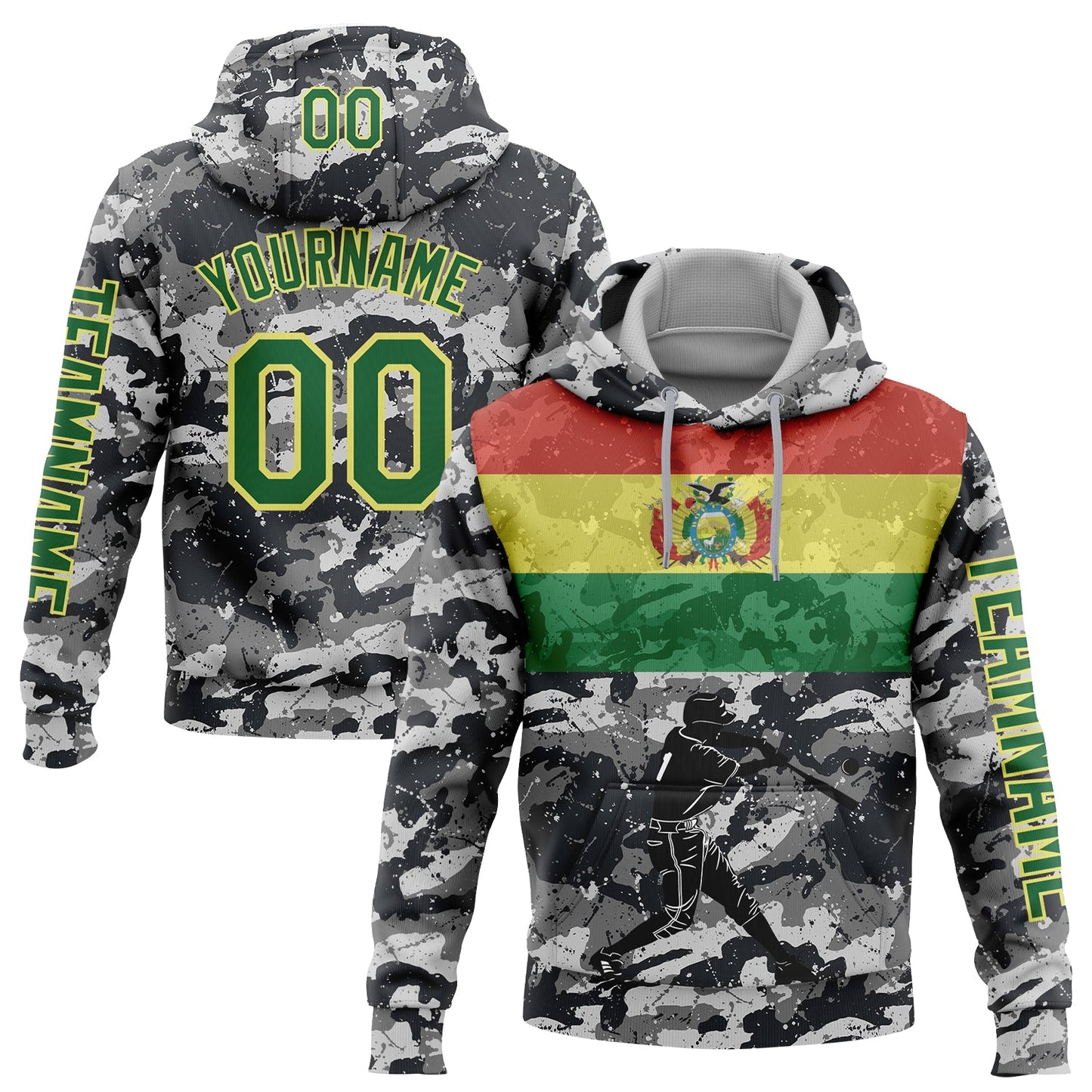 Custom Camo Grass Green-Light Yellow 3D Bolivia Bolivian Flag Sports Pullover Sweatshirt Salute To Service Hoodie - Main View