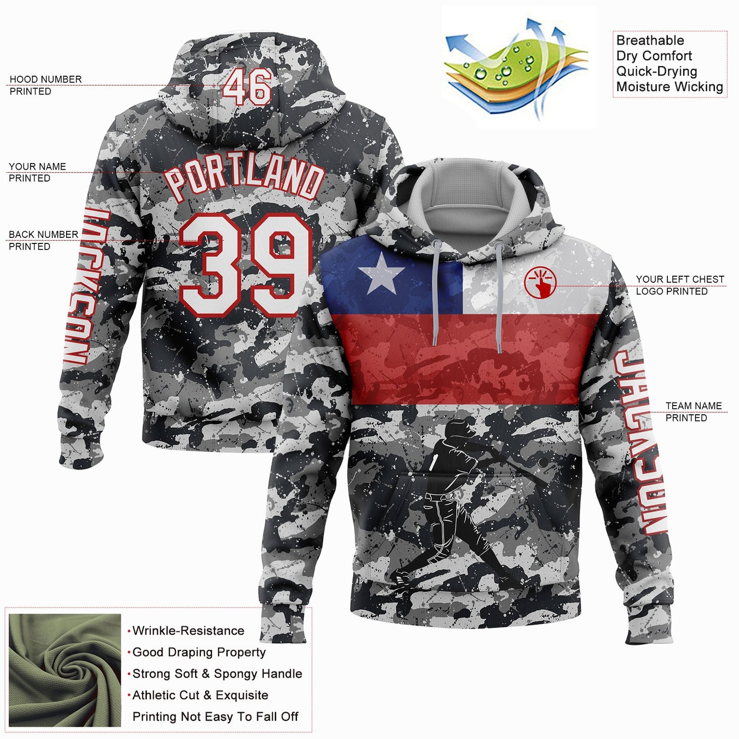 Custom Camo White-Red 3D Chile Chilean Flag Sports Pullover Sweatshirt Salute To Service Hoodie view 2