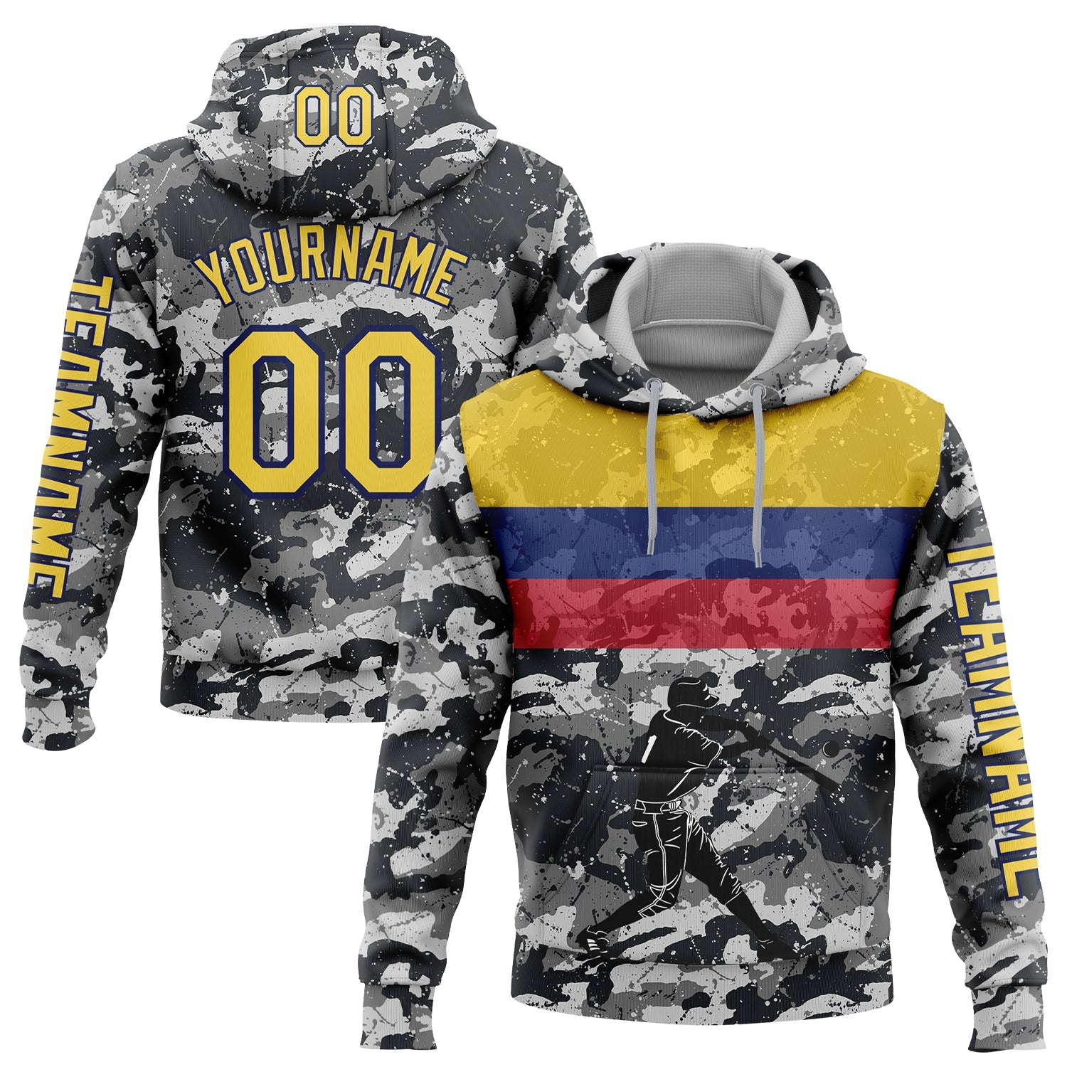 Custom Camo Yellow-US Navy Blue 3D Colombia Colombian Flag Sports Pullover Sweatshirt Salute To Service Hoodie - Main View