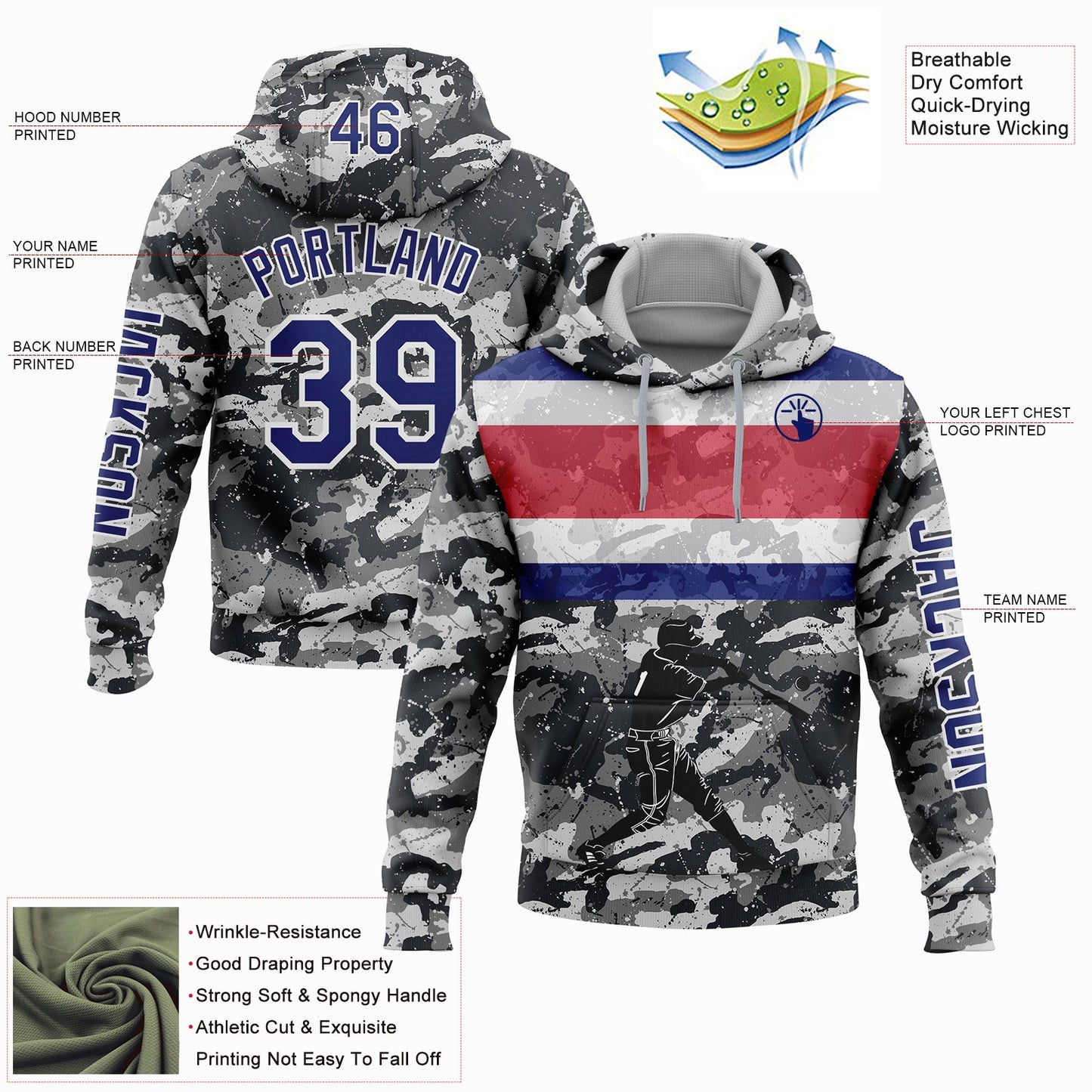 Custom Camo Royal-White 3D Costa Rica Costa Rican Flag Sports Pullover Sweatshirt Salute To Service Hoodie view 2