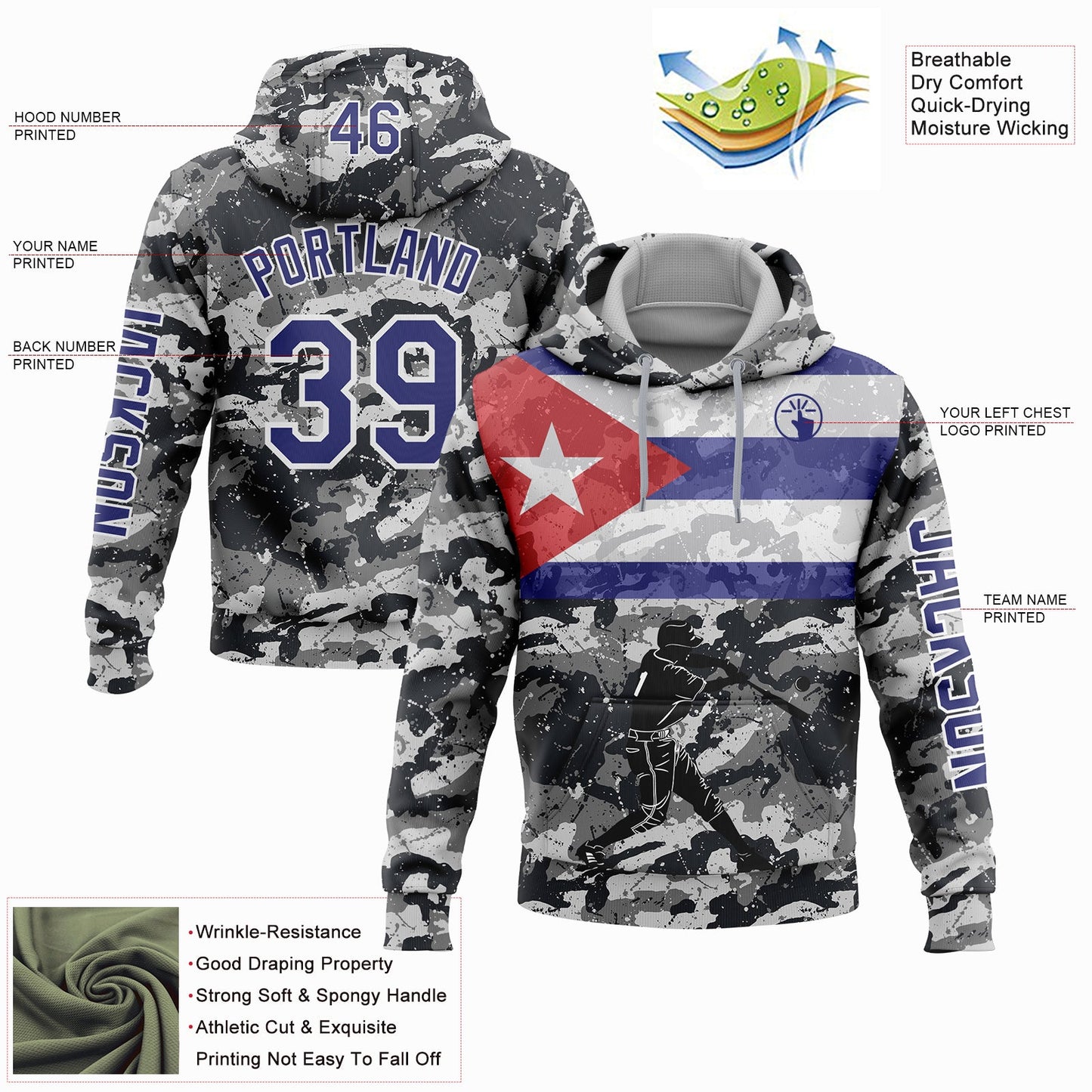 Custom Camo Dark Purple-White 3D Cuba Cuban Flag Sports Pullover Sweatshirt Salute To Service Hoodie view 2