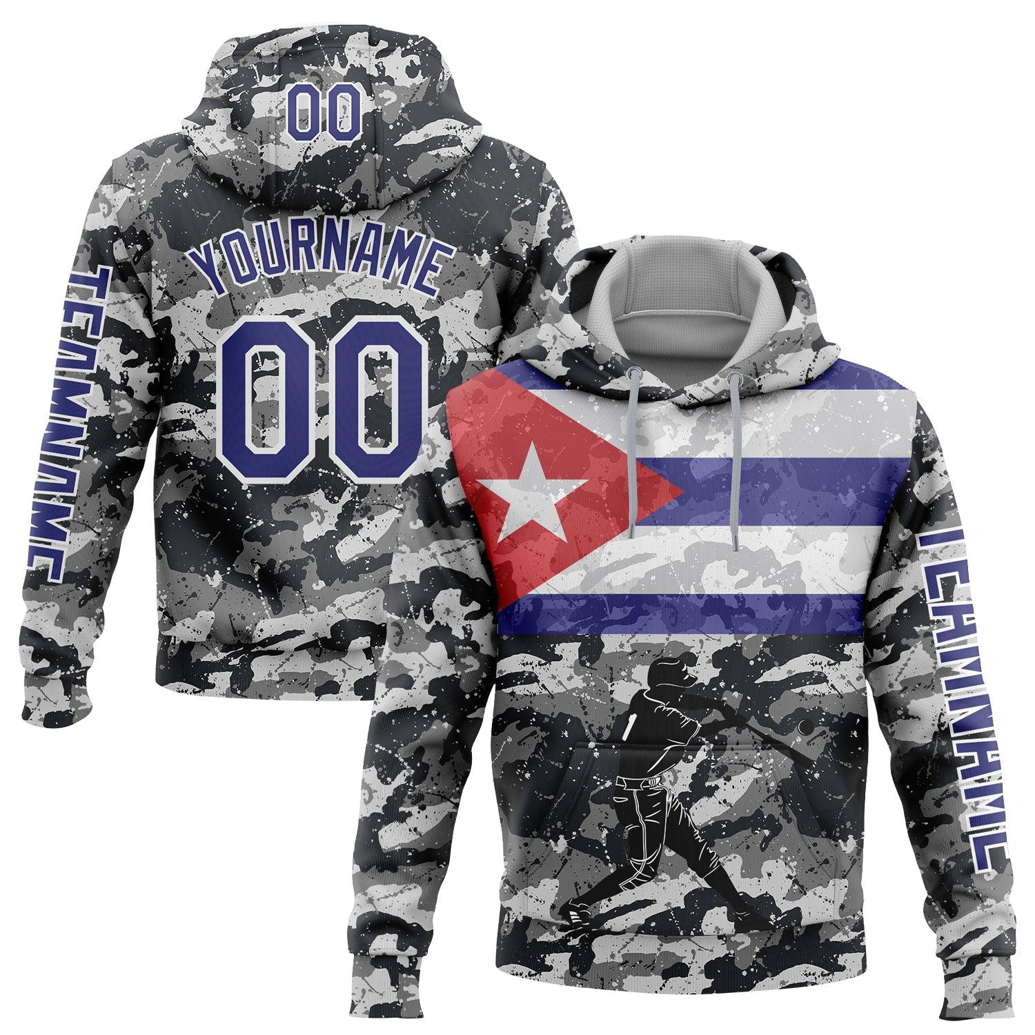Custom Camo Dark Purple-White 3D Cuba Cuban Flag Sports Pullover Sweatshirt Salute To Service Hoodie - Main View