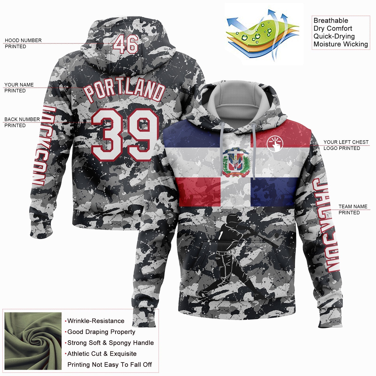 Custom Camo White-Red 3D Dominican Republic Flag Sports Pullover Sweatshirt Salute To Service Hoodie view 2