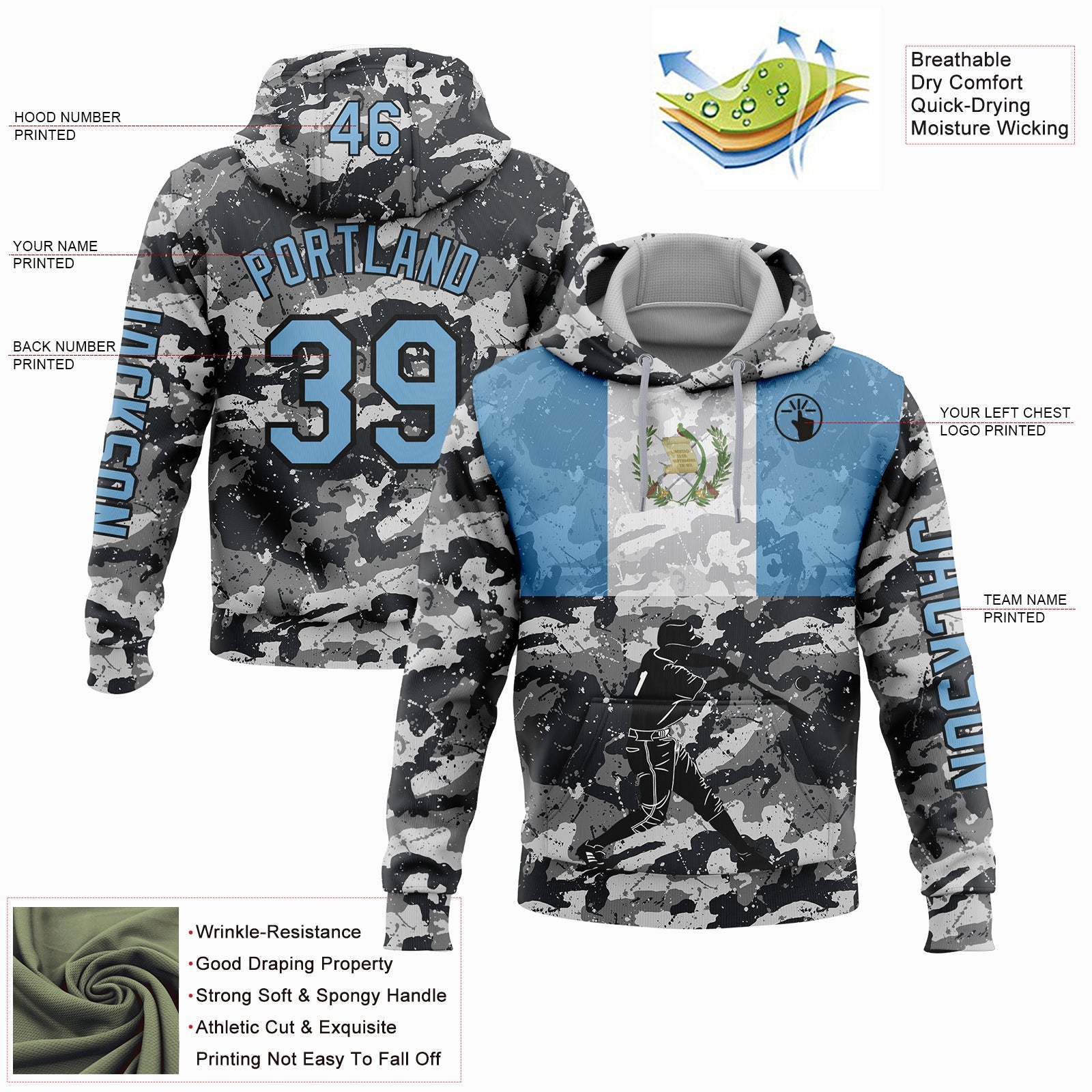 Custom Camo Light Blue-Black 3D Guatemala Guatemalan Flag Sports Pullover Sweatshirt Salute To Service Hoodie view 2