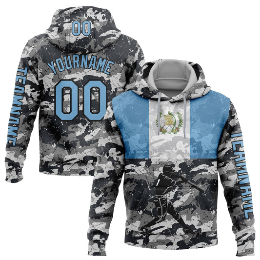 Custom Camo Light Blue-Black 3D Guatemala Guatemalan Flag Sports Pullover Sweatshirt Salute To Service Hoodie - Main View