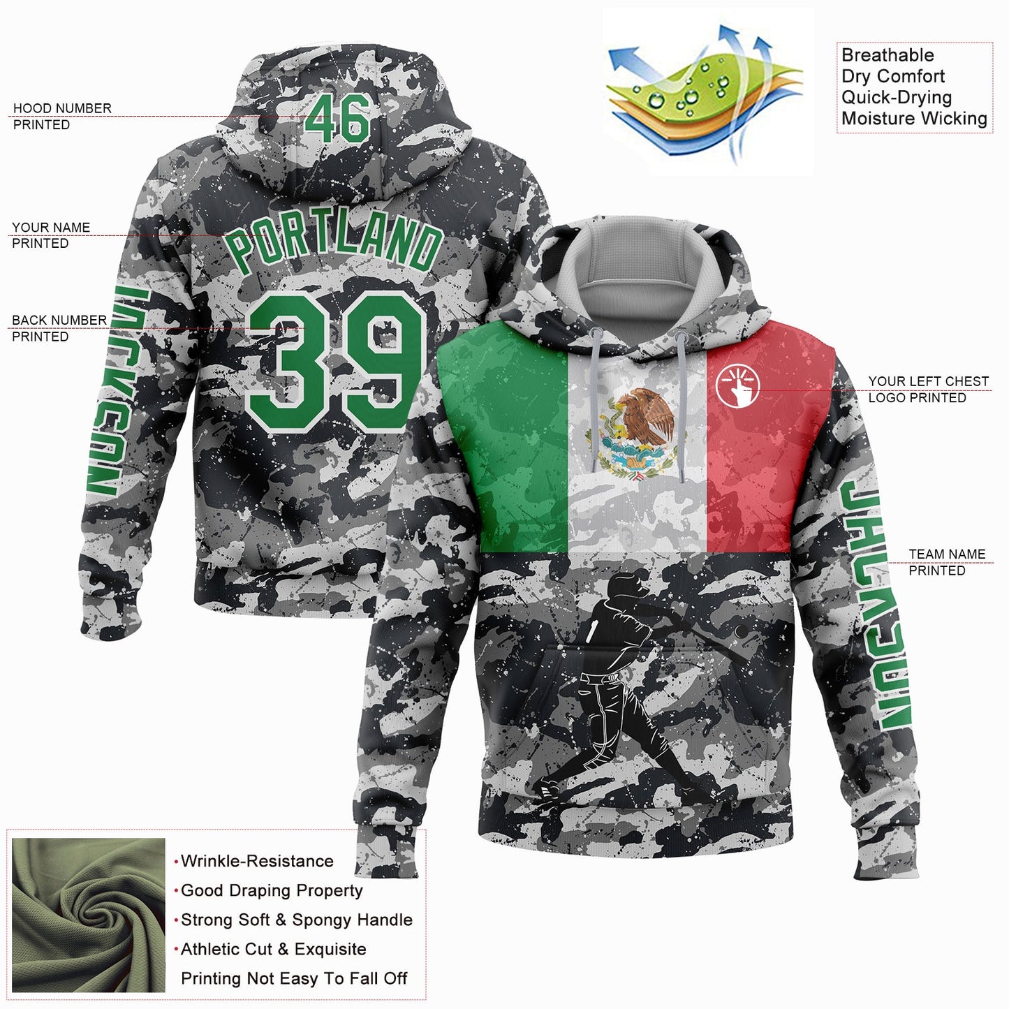 Custom Camo Kelly Green-White 3D Mexico Mexican Flag Sports Pullover Sweatshirt Salute To Service Hoodie view 2