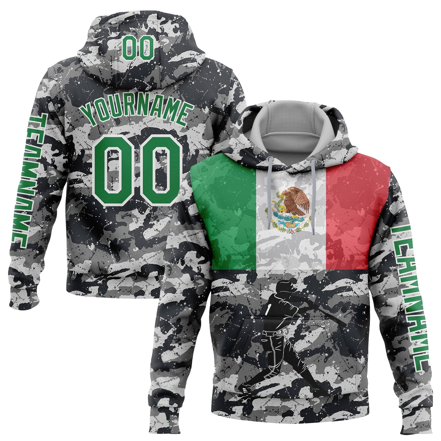 Custom Camo Kelly Green-White 3D Mexico Mexican Flag Sports Pullover Sweatshirt Salute To Service Hoodie - Main View
